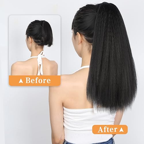 Miniatura 4 de WIGNEE Extensión de cola de caballo larga y recta de 16 pulgadas para mujeres negras extensiones de cabello de cola de caballo de color negro