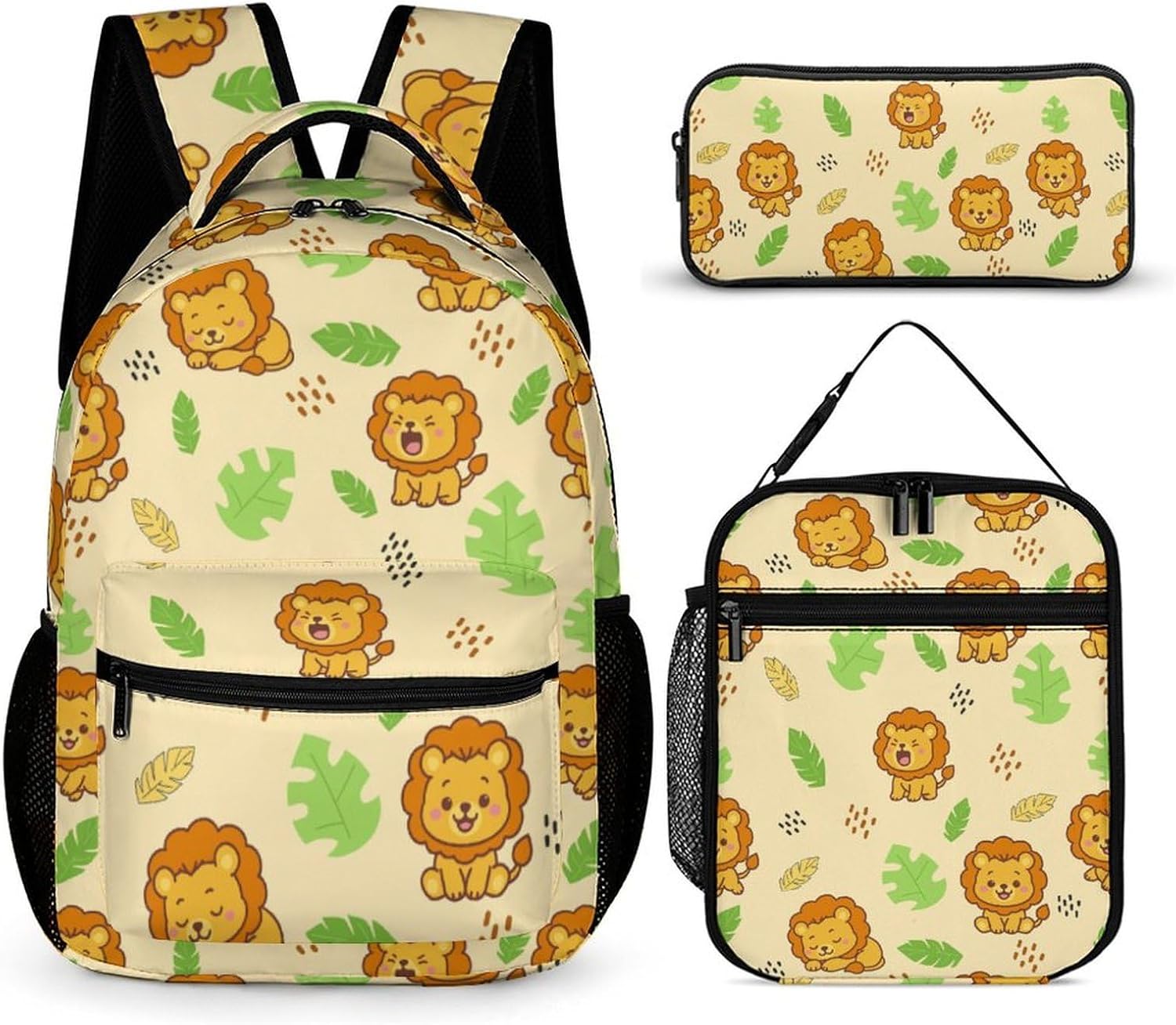 Cartoon Animals Pocket Backpack Set School Bookbag with Lunch Bag Lightweight Pencil Case Pouch Bag (Lion, One Size)