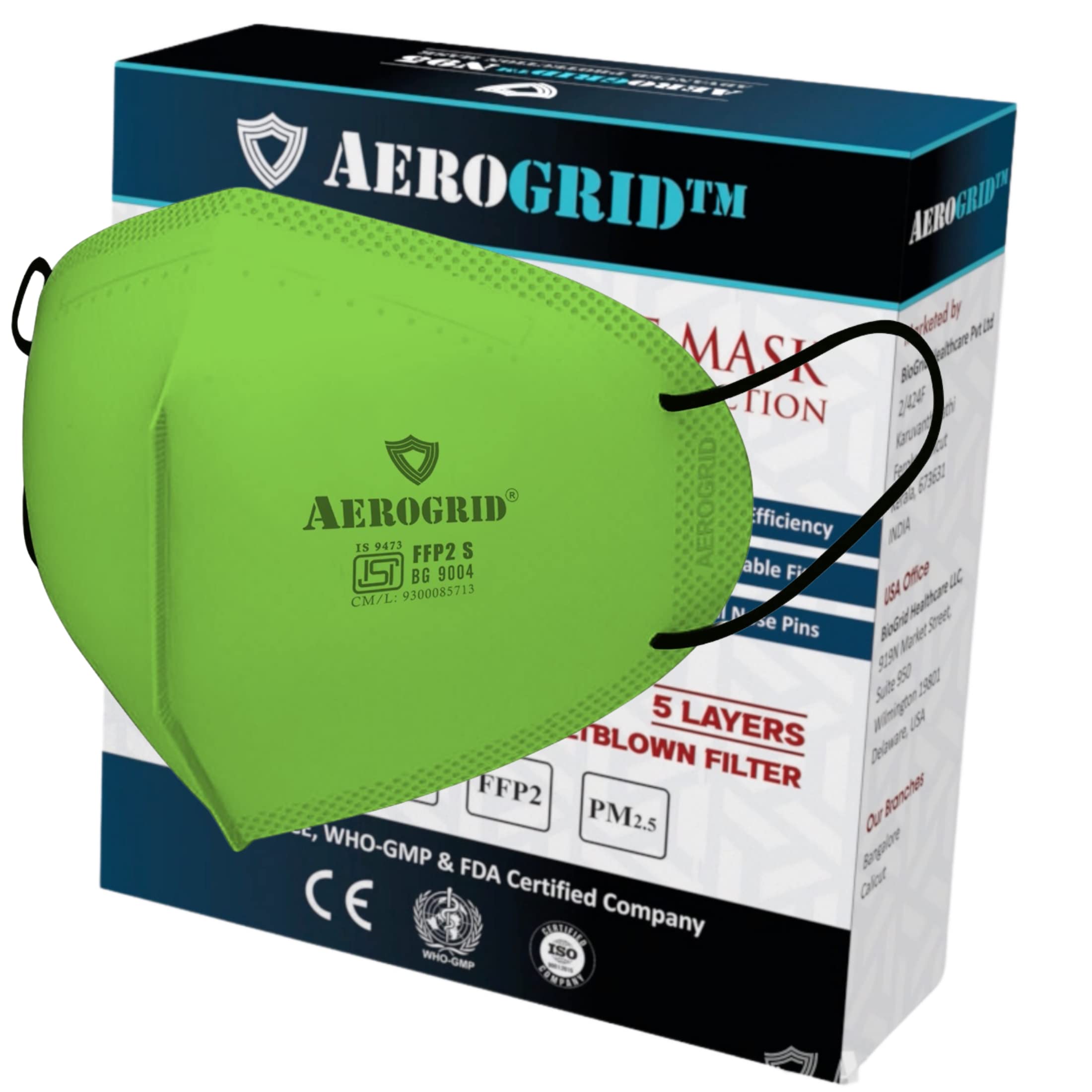 AeroGrid FFP2 | Pack of 10 | ISI Mark | BIS Certified | EN 149 European Std. Certified | Premium N95 Mask for Unisex (Green, Ear Loop (5 Layer - 270 GSM)) (B096FXXP8S) Amazon Price History, Amazon Price Tracker