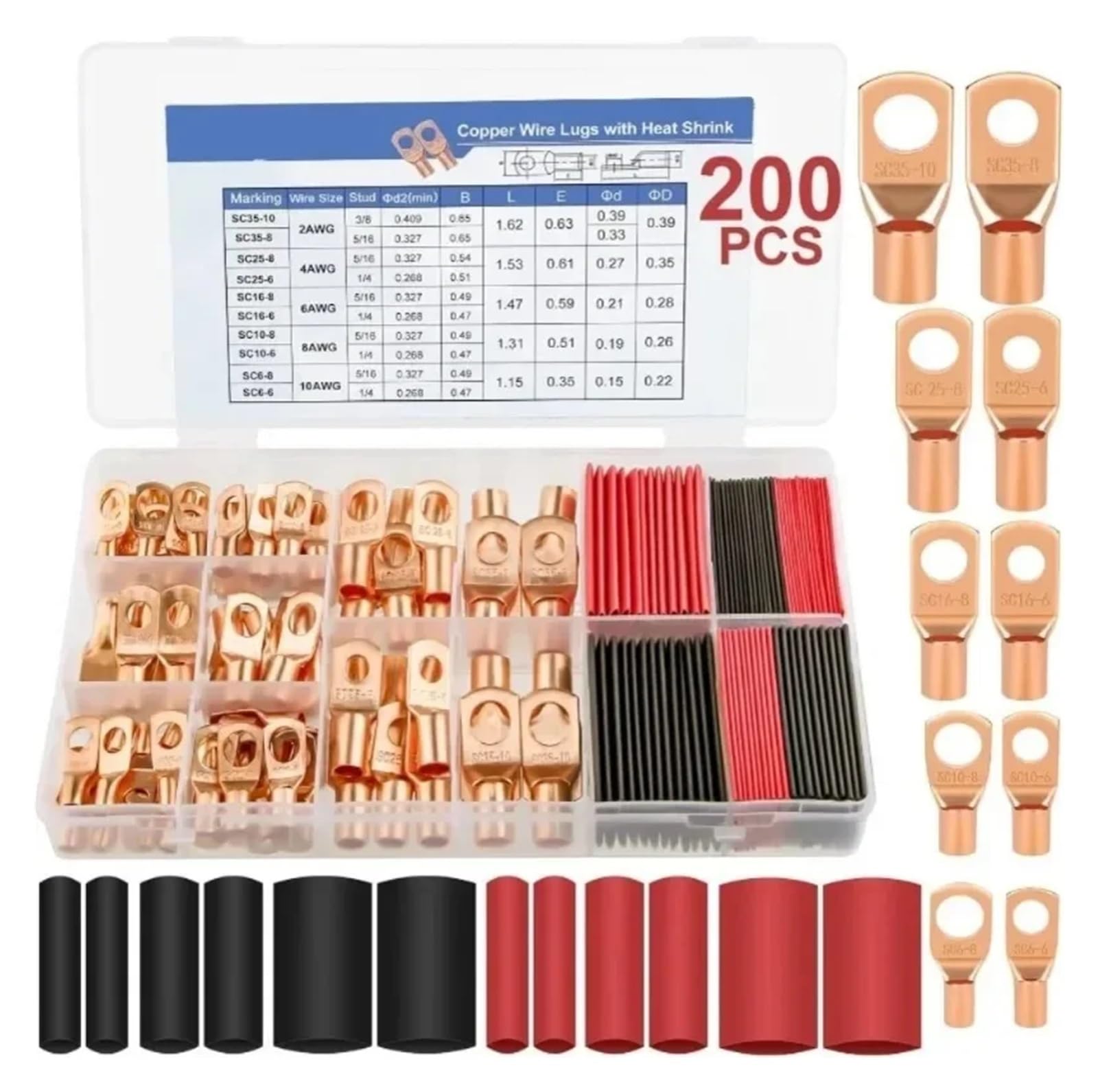 Kit surtido de 200 conectores de terminales de anillo de cobre for cables de batería con tubos termorretráctiles rojos for aplicaciones marinas y automotrices.
