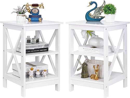 SUPER DEAL Juego de 2 mesas auxiliares de 3 niveles con estantes de almacenamiento, mesa pequeña versátil de diseño X para dormitorio, sala de