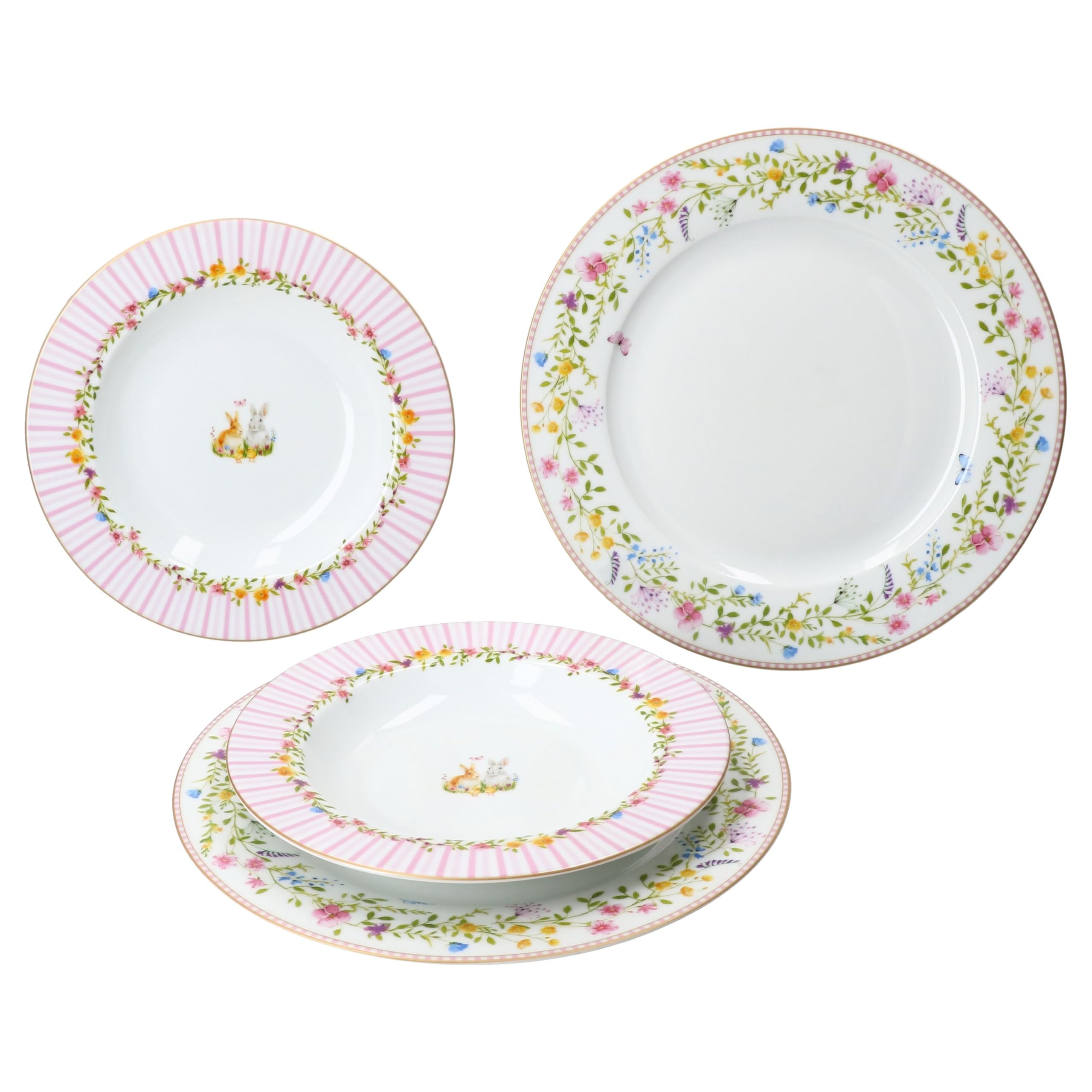 Service à Café 18 Pièces Pâques - Porcelaine Avec Lapins | 6 Tasses, Soucoupes Et Assiettes | Micro-ondable