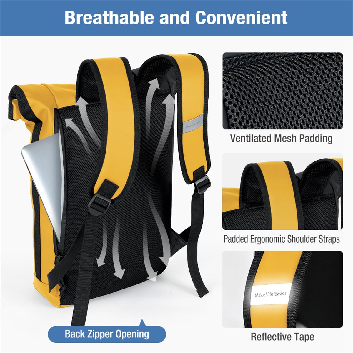 Lekeinchi Zaino Rolltop Uomo Donna Porta PC 17 Pollici | Zaino Impermeabile Uomo Donna - Rains Zaino con Strisce Riflettenti - Zaino da Viaggio Espandibile - Casual Lavoro Università - Giallo