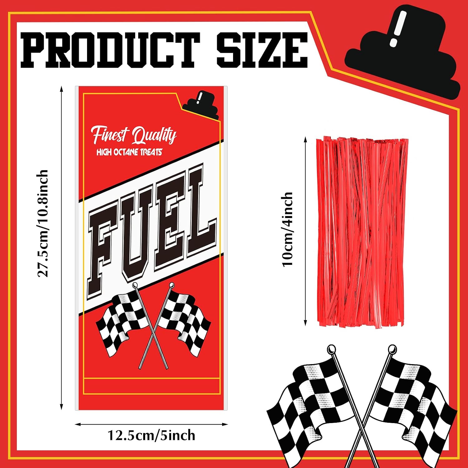 Teling 100Pcs Race Car Fuel Can Popcorn Treat Bags Racing Car Cellophane Candy Cookie Snacks Bags with Twist Checkered Flag Themed Decorations for Birthday Wedding Bridal Baby Shower Party Favor Decor