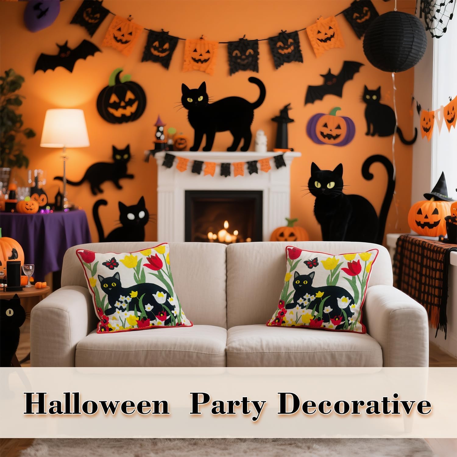 Embroidered Decorative Throw Pillow Covers 18"x 18" Set of 2 ，Couch Square Pillowcases with Zipper for Living Room Couch Sofa Bed Flower Cats Linen Cotton Halloween Throw Pillow Covers - Image 6