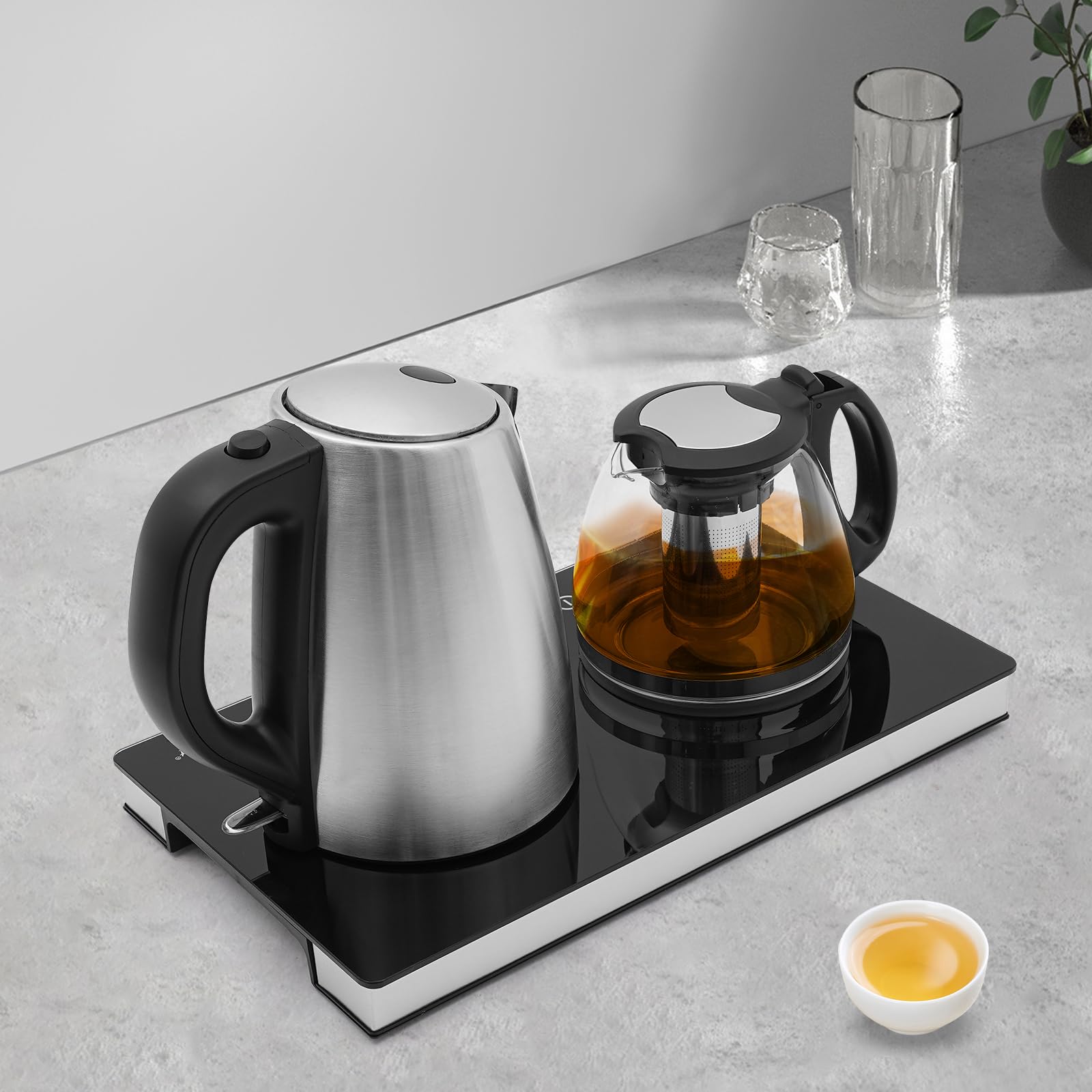 Hervidor eléctrico, 1800 W, hervidor de agua de acero inoxidable, hervidor de agua de doble quemador, 158-176 ℉, temperatura ajustable con pantalla LCD, filtro de cristal, hervidor de agua para café y
