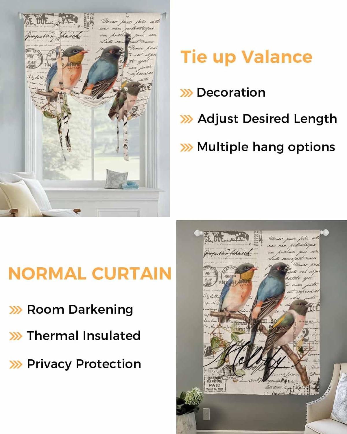 Tie Up Curtain for Windows Parrot Tree Branch Balloon Window Shades for Bedroom Bathroom Adjustable Rod Pocket Vintage Postmark Window Treatments Curtains Valance for Kitchen 52" W x 63" L