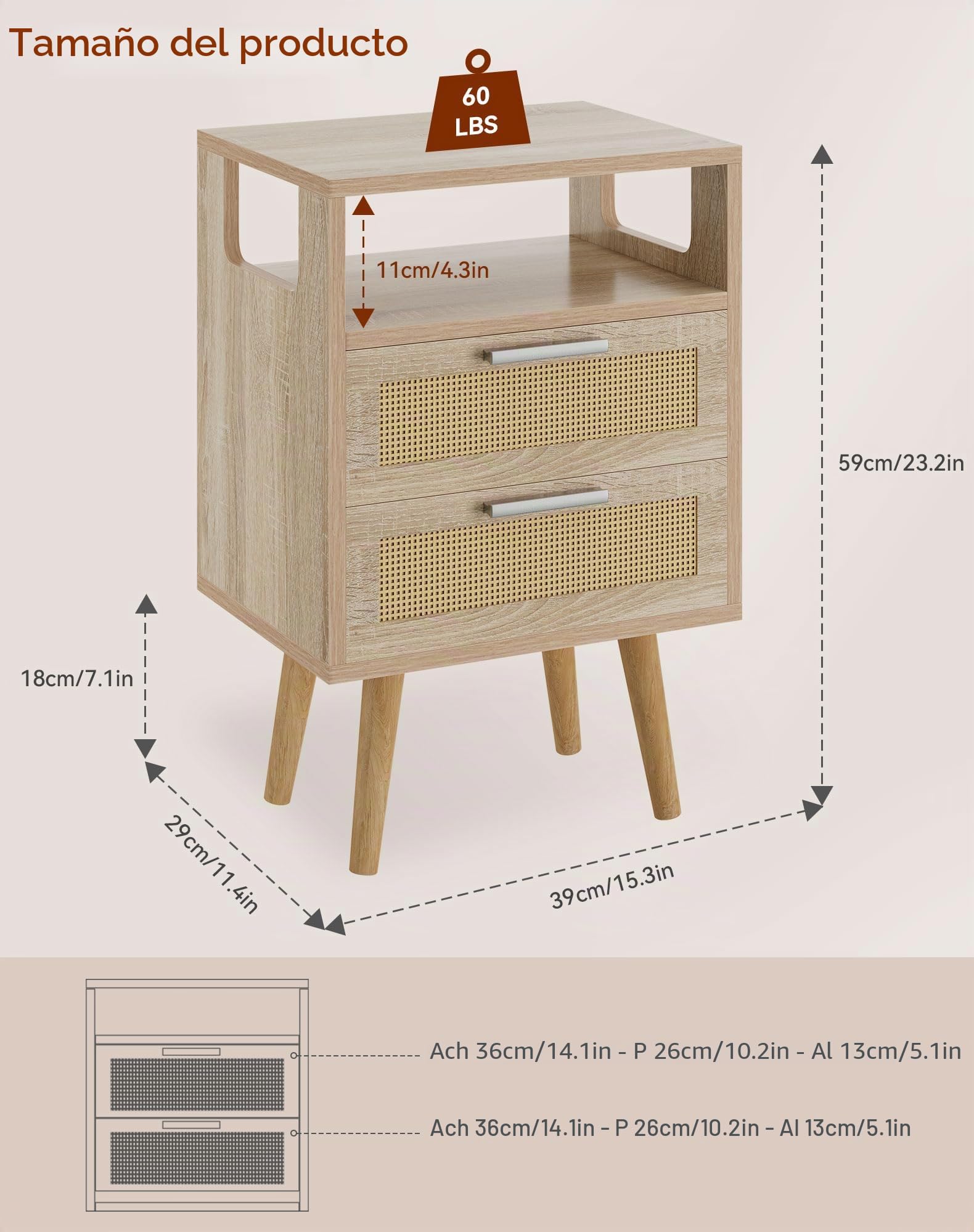 YMYNY Mesita de Noche de Ratán, Mesa Auxiliar, Mesa de café, Mesilla de Noche con 2 Cajónes, Comoda Boho, Piernas de Madera Maciza, 39x29x59 cm, para Dormitorio, Oficina, Salón, Natural HST015N
