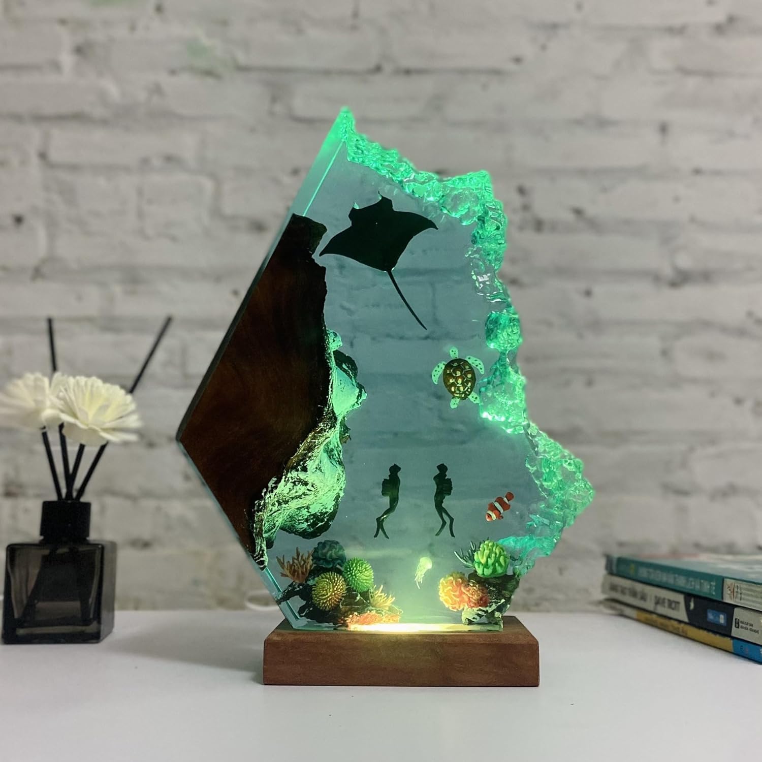 Lampa z żywicy epoksydowej, ręcznie wykonana lampka nocna z falami oceanicznymi, dekoracja LED do domu i biura, wyjątkowy prezent dla mężczyzn, artystyczne oświetlenie dla relaksu i atmosfery