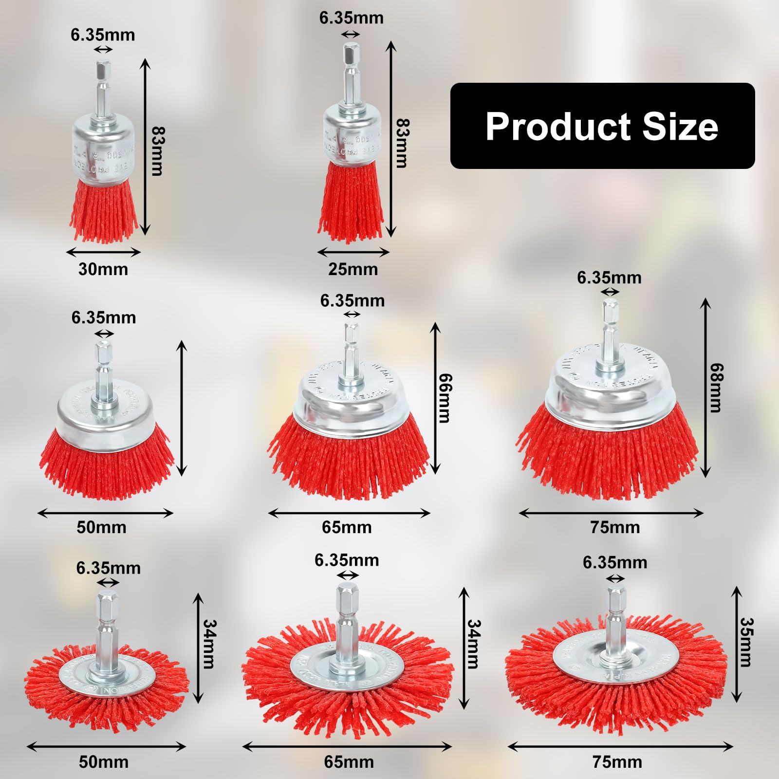 8 Pack Nylon Filament Abrasive Wire Brush Wheel & Cup Brush Set with 1/4 Inch Hex Shank, 5 Sizes Nylon Drill Brush Set for Steel Rust Removing, Grill Cleaning, Flaking Paint Refinishing