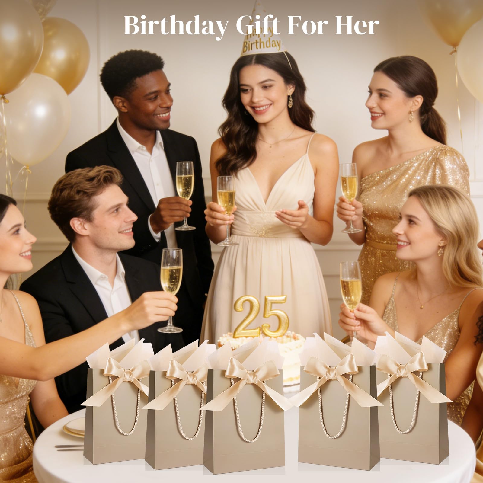 Ethhqu 12 Pack Small Gift Bags with Handles Include Tissue Papers & Cards, 9x7x3.15'' Thank You Gift Bags for Bridesmaids, Birthday, Baby Shower, Wedding, Anniversary, Mother’s Day (Champagne)