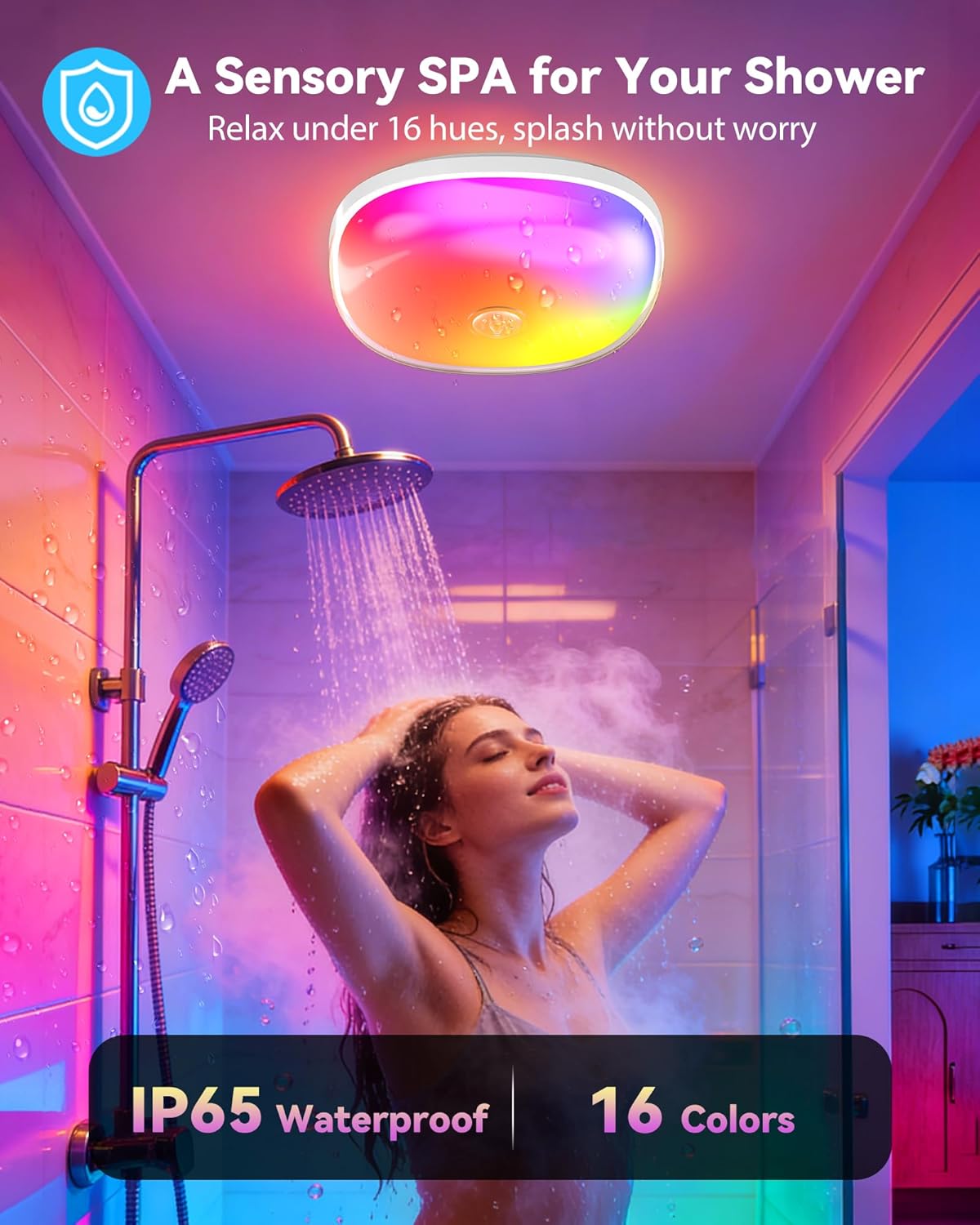 IP65 Waterproof Rechargeable Shower Light - 6″ 300LM Bright, 16 Colors Bathroom Mood Lighting with Touch & Remote, Magnetic Wireless Ceiling/Wall Light for Inside Shower/Bathtub - Image 2