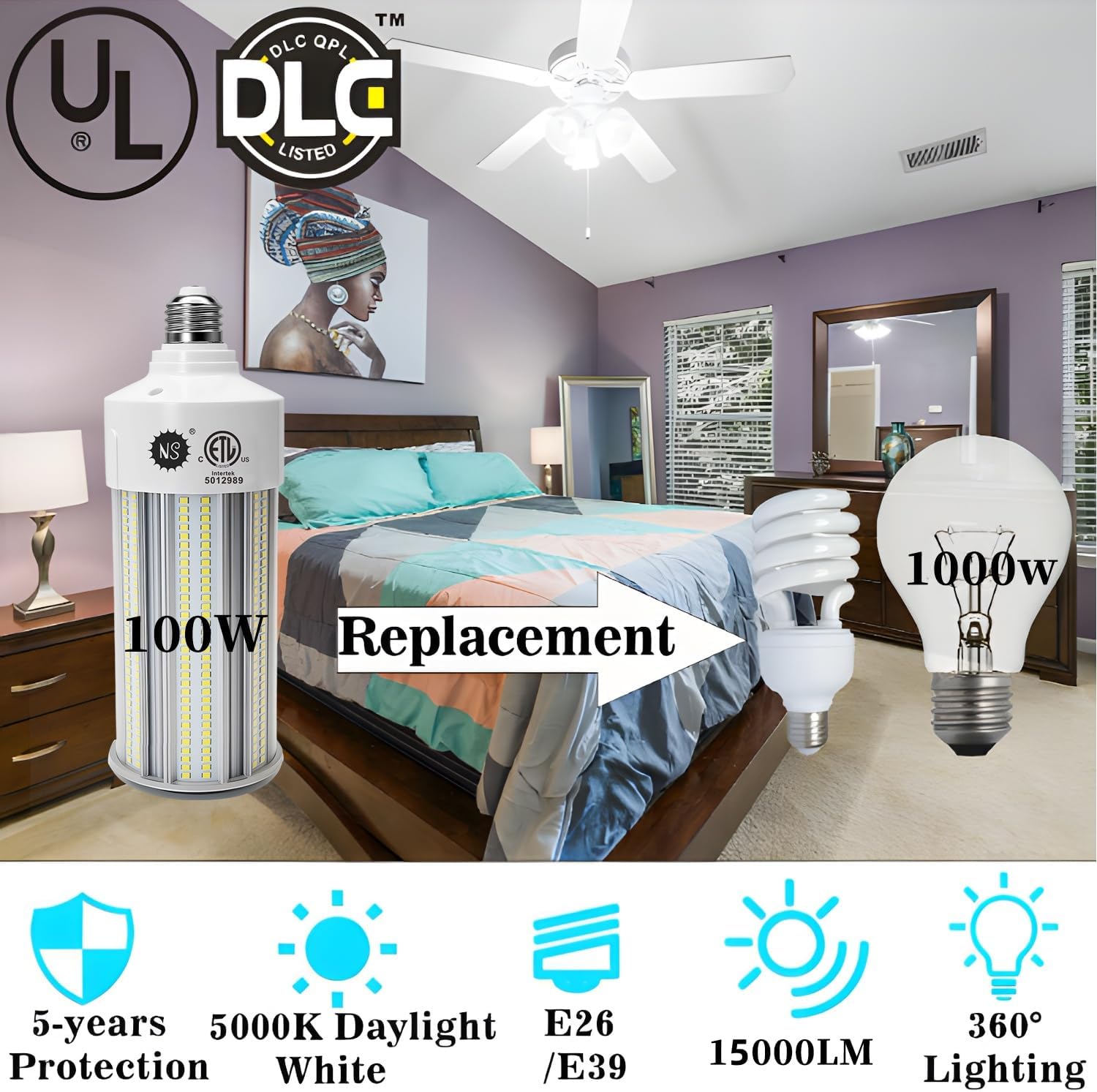 NS 100W LED Corn Bulbs, 1000W Equivalent, 15,000lm 5000K Daylight, E26/E39 Base, Non-Dimmable, 23-Year Lifetime, Metal Halide/HID/CFL Replacement for Warehouse, Garage, High Bay, Workshop – 1 Set