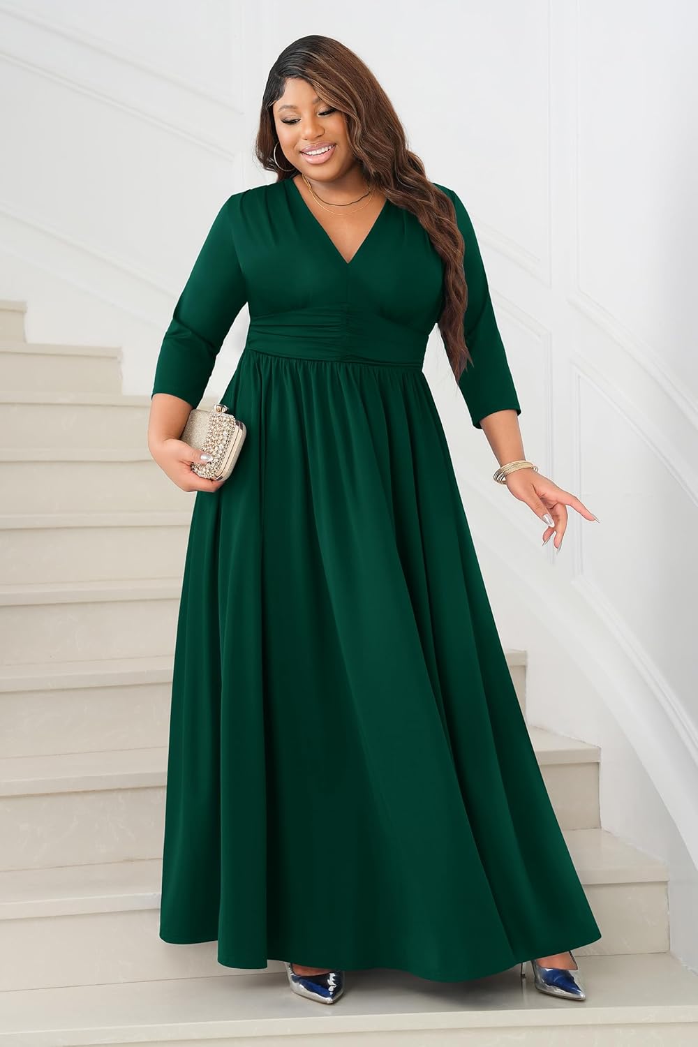 Runwind Plus Size Maxi Dress for Curvy Women 3/4 Long Casual Wedding Guest Dress with Pockets Green 5XL - Image 3