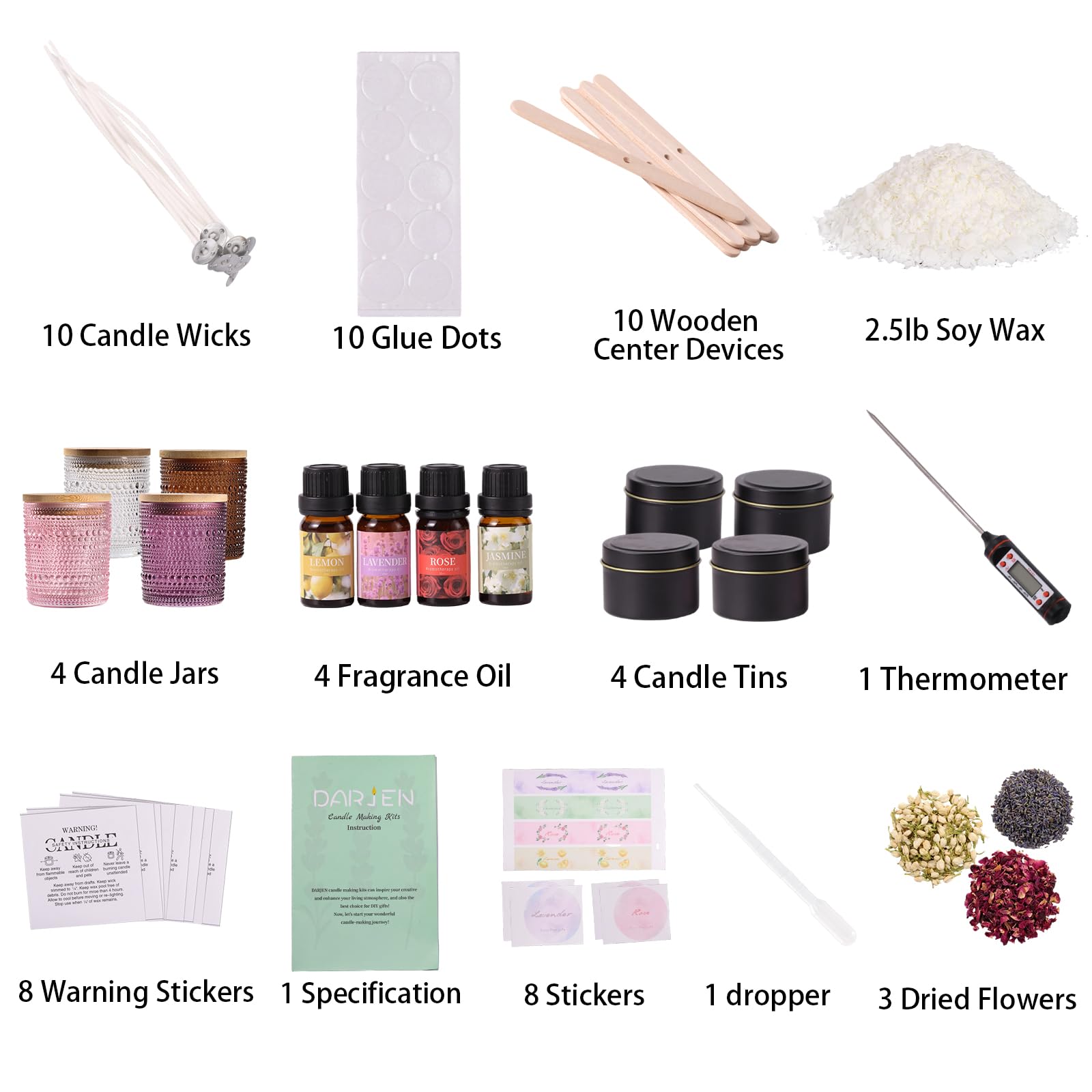 DARJEN Kerzenherstellungs-Sets für Erwachsene - Kerzenherstellungszubehör mit 4 Kerzengläsern (transparent, rosa, lila, bernsteinfarben), Kerzendosen, Sojawachs, Düfte, getrocknete Blumen und mehr