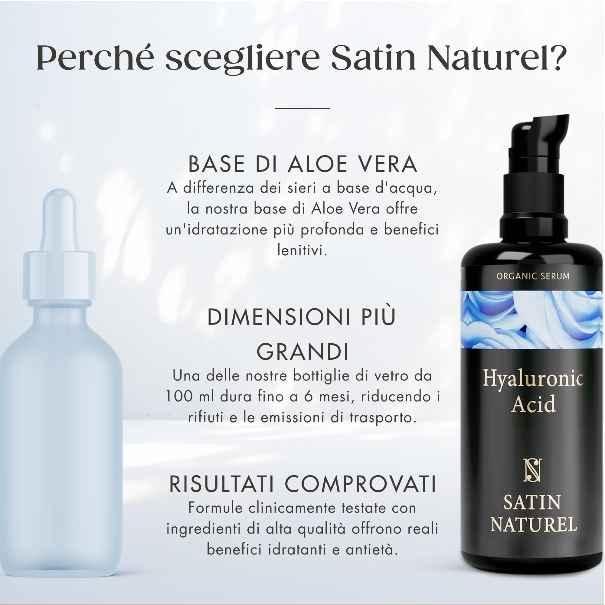 Satin Naturel Siero Acido Ialuronico ad Alta Efficacia 100 ml – Trattamento Viso Bio all’Acido Ialuronico – Siero Idratante Anti Age – Vegan – Idratazione 24 h – Cura del Viso per Donne e Uomini