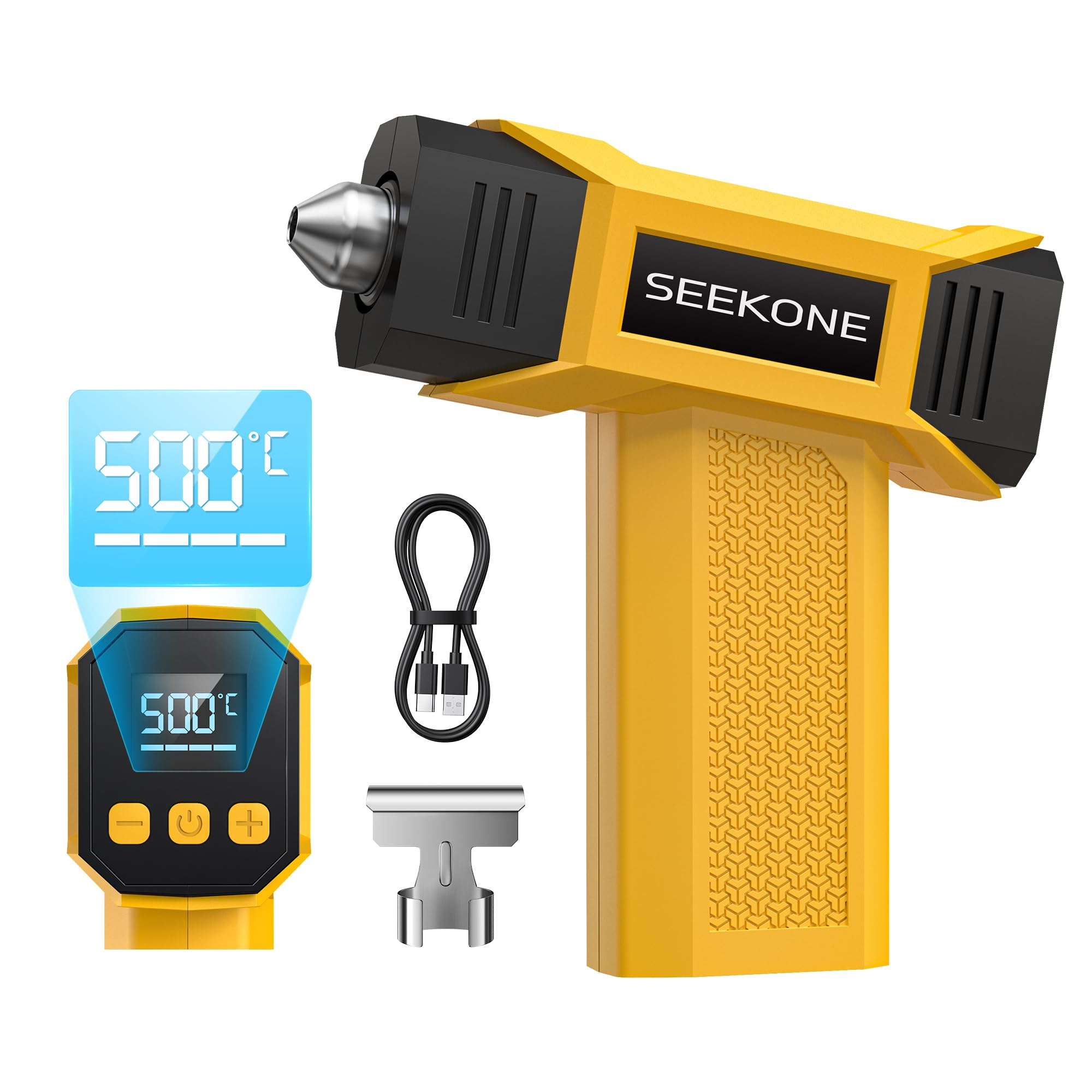 SEEKONE 7,2V Kabellose Mini Heißluftfön, Mini Heißluftpistole mit variabler Temperaturregelung (100℃–500℃), 5000mAh, USB-Ladefunktion, LCD-Display, Speicherfunktion, Reflektordüse für Bastelarbeiten