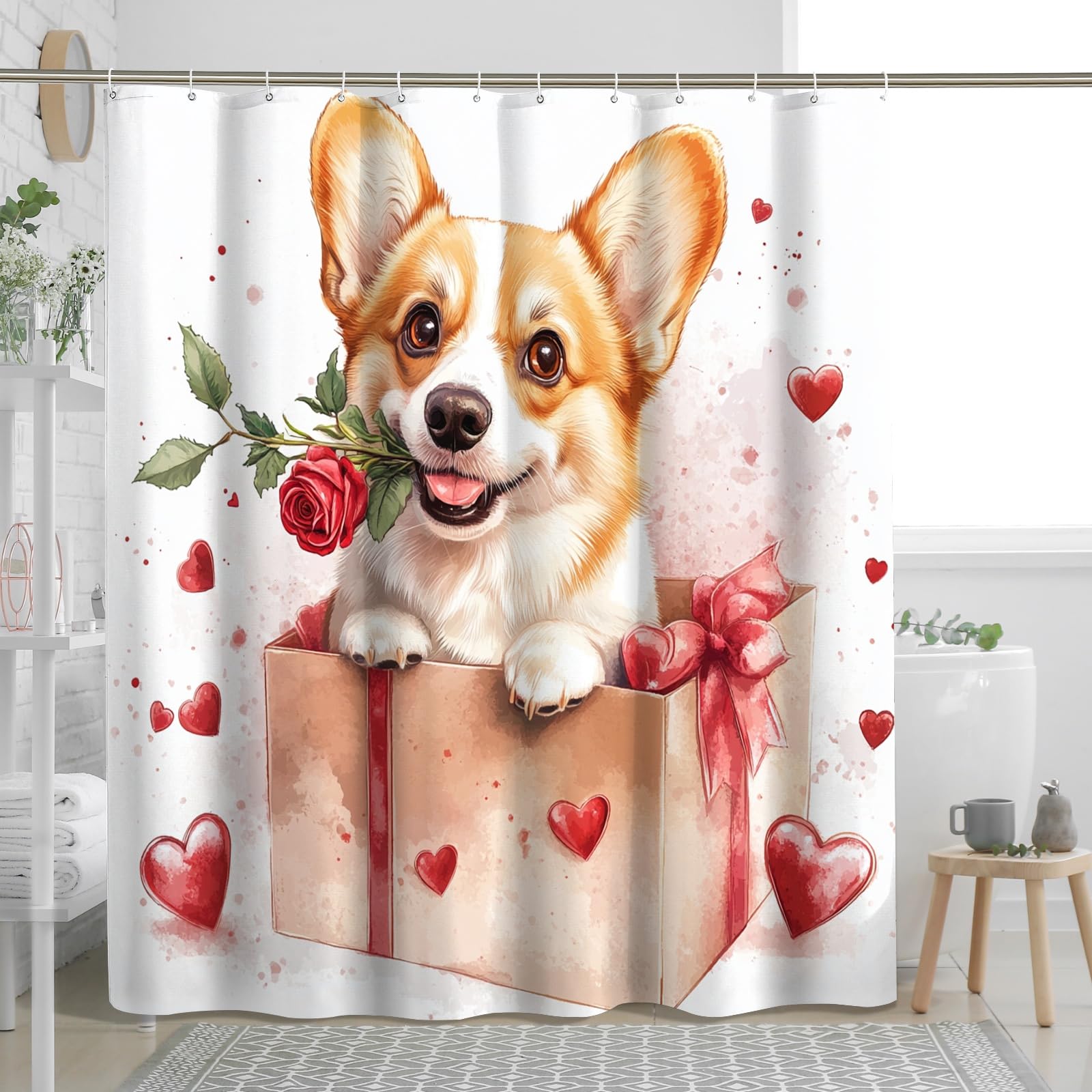 Rideau de douche Corgi 157x183 cm en polyester imperméable avec crochets pour salle de bain