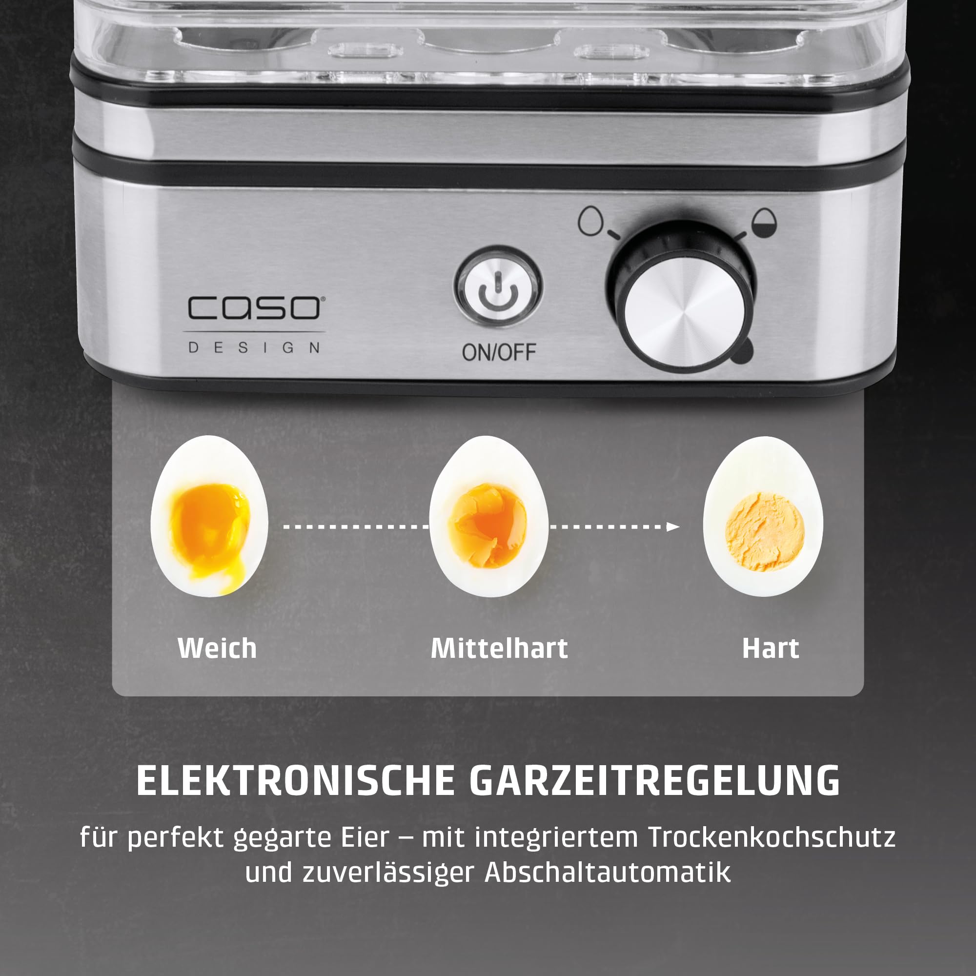 CASO E 9 - Design Eierkocher, Testurteil: Sehr Gut, elektronischer Eierkocher für bis zu 8 Eier, akustisches Signal, inkl. Messbecher und Eipicker und zwei Pochierschalen