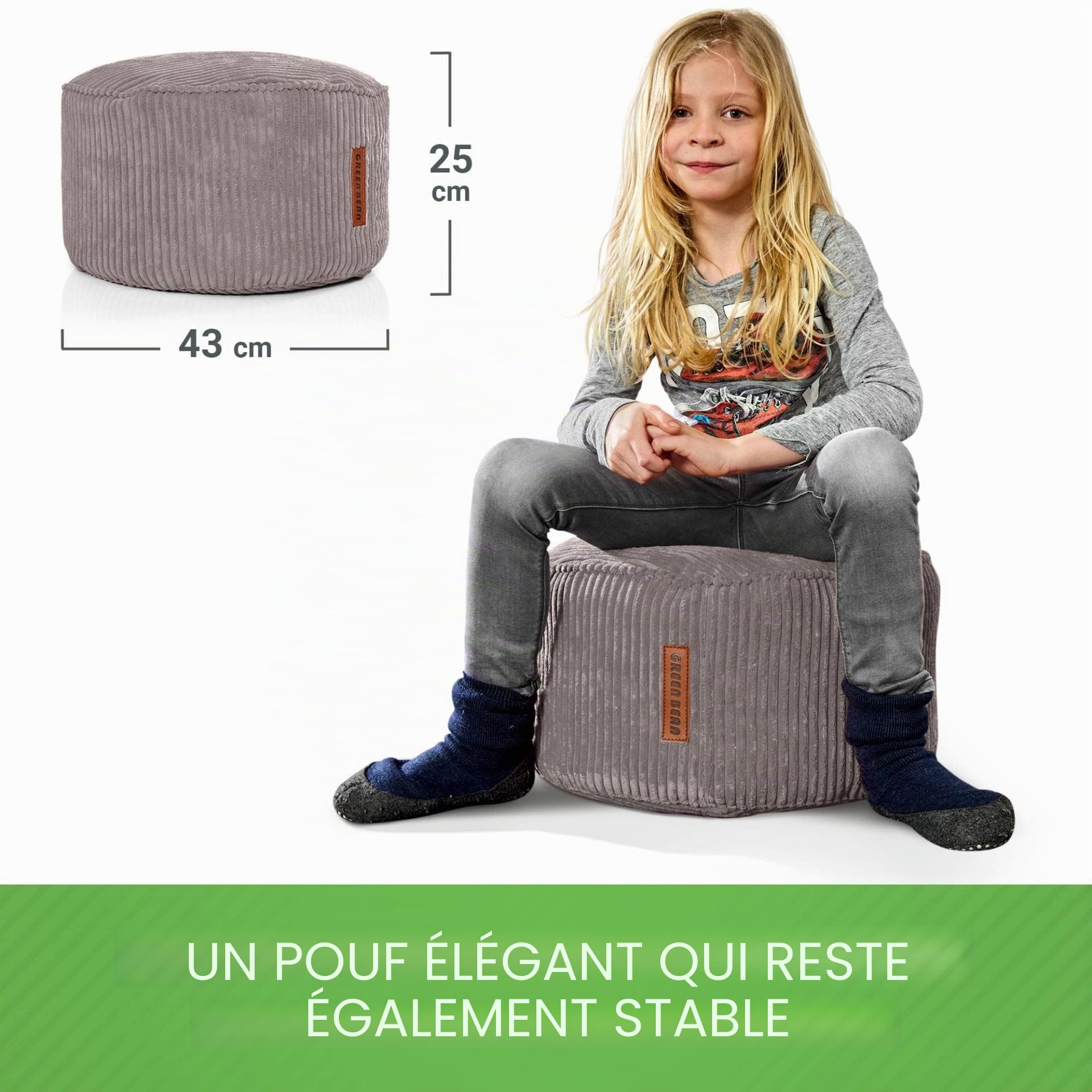 Green Bean© Indoor Pouf 45x25cm EPS-Perles de Remplissage & Tissu Velours côtelé Doux Lavable - Intérieur Coussin de Sol Coussin d'assise Pouf de détente Enfants Adultes Tissu Gris
