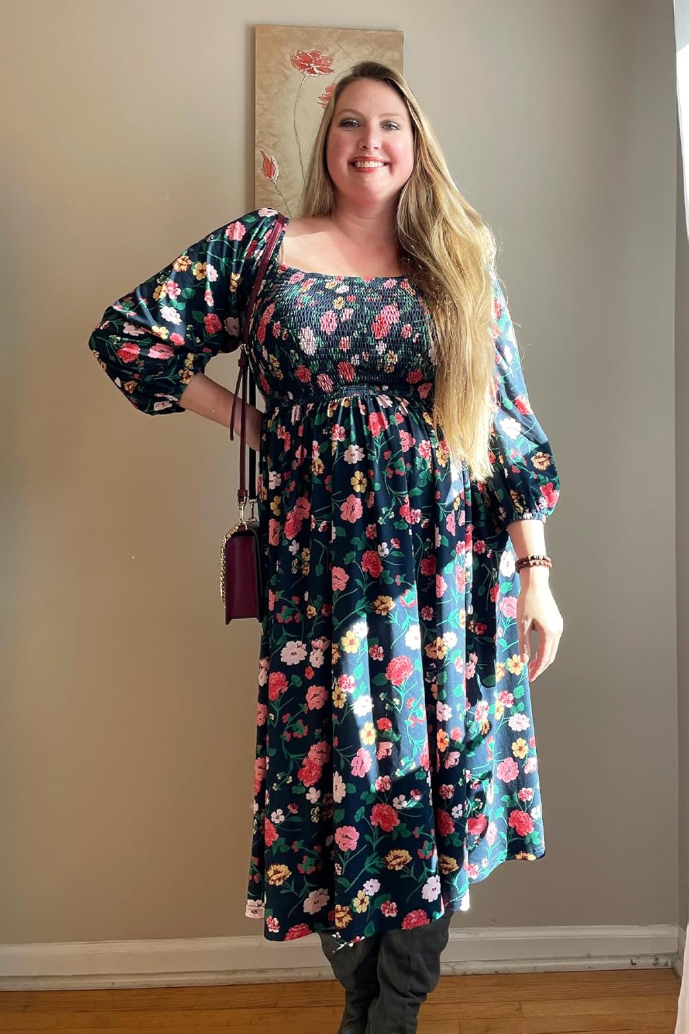 RITERA Plus Size Dresses for Curvy Women Square Neck Fall Long Sleeve Floral Smocked Maxi Dress with Pocket XL-5XL - Image 3