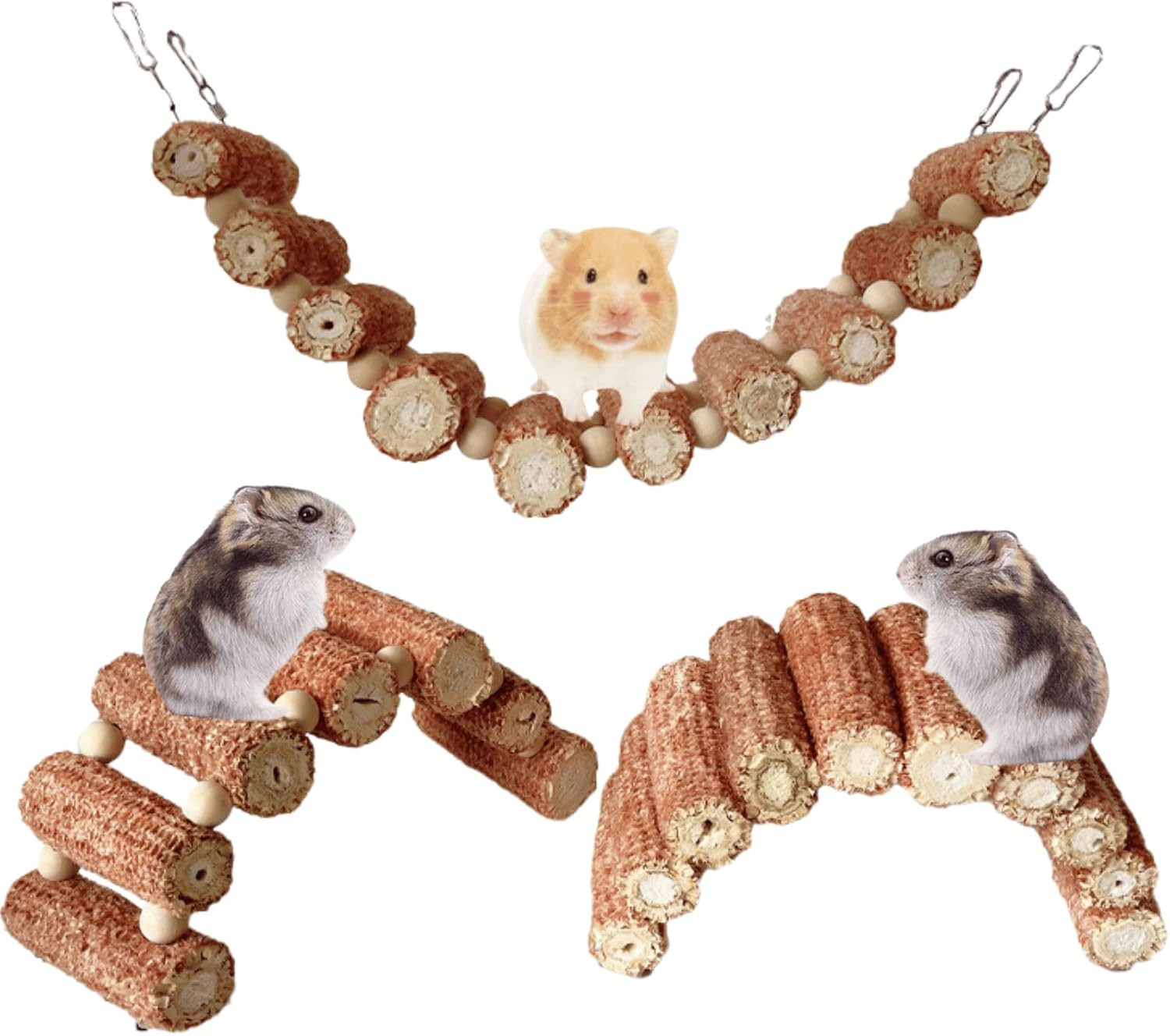 3PCS Hamster Toys Set, Natural Corn Cob Hanging Parrot Toys, Rabbit Chew Toys, Hamster Corn Cob Chew Toys, Bite Resistant Climbing Bridge Toys for Bunny Guinea Pig Exercise