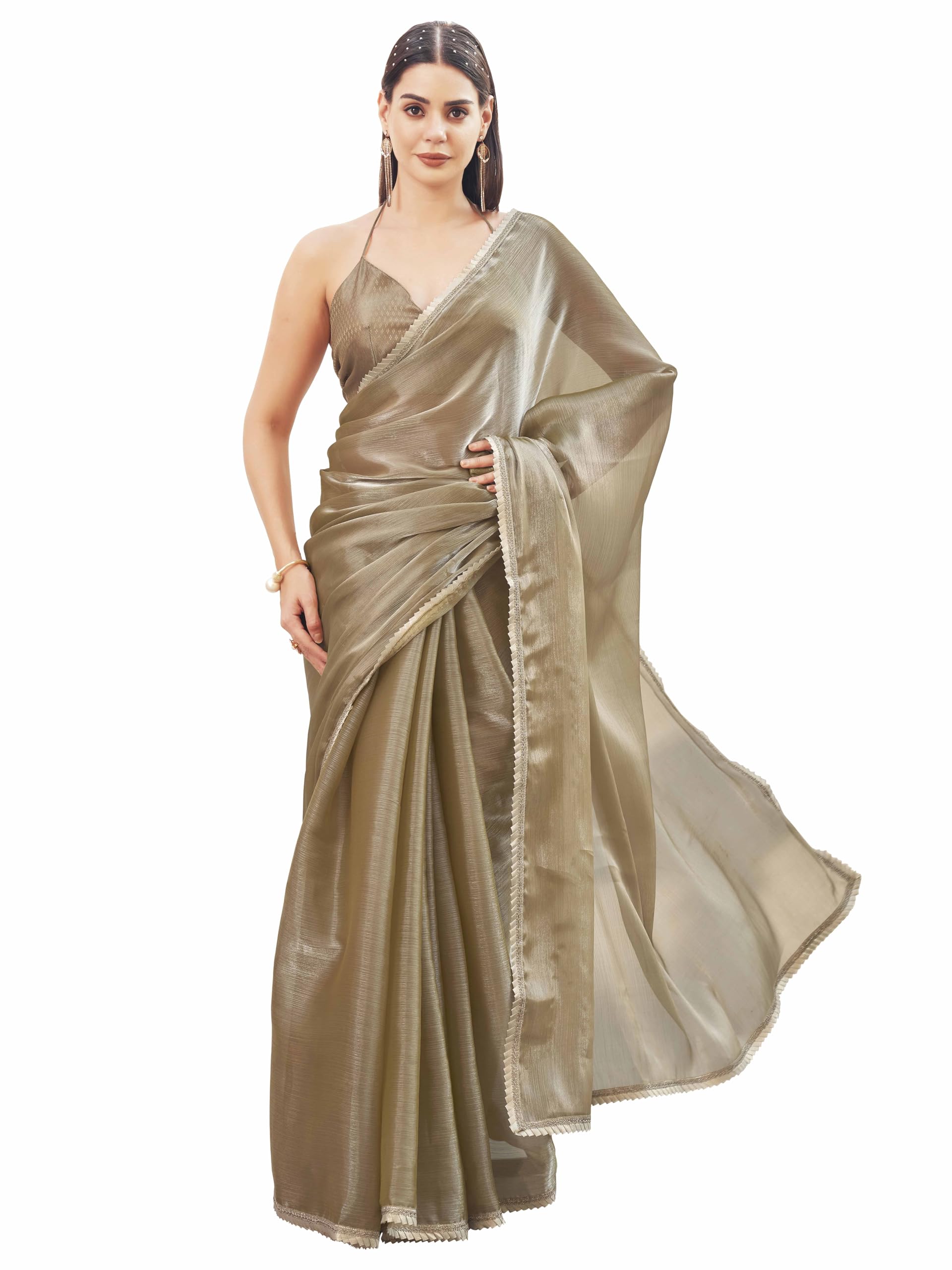 Womanista Women's Metallic Green Colored Jimmy Choo Saree With Brocade Blouse(Ti6851_Green_Onesize)
