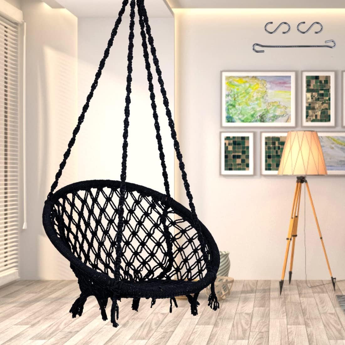 Patiofy Swing for Adults/Jhula for Living Room, Balcony, Home - Cotton Round Hammock Hanging Chair With Hanging Kit (Black), 66 Cm