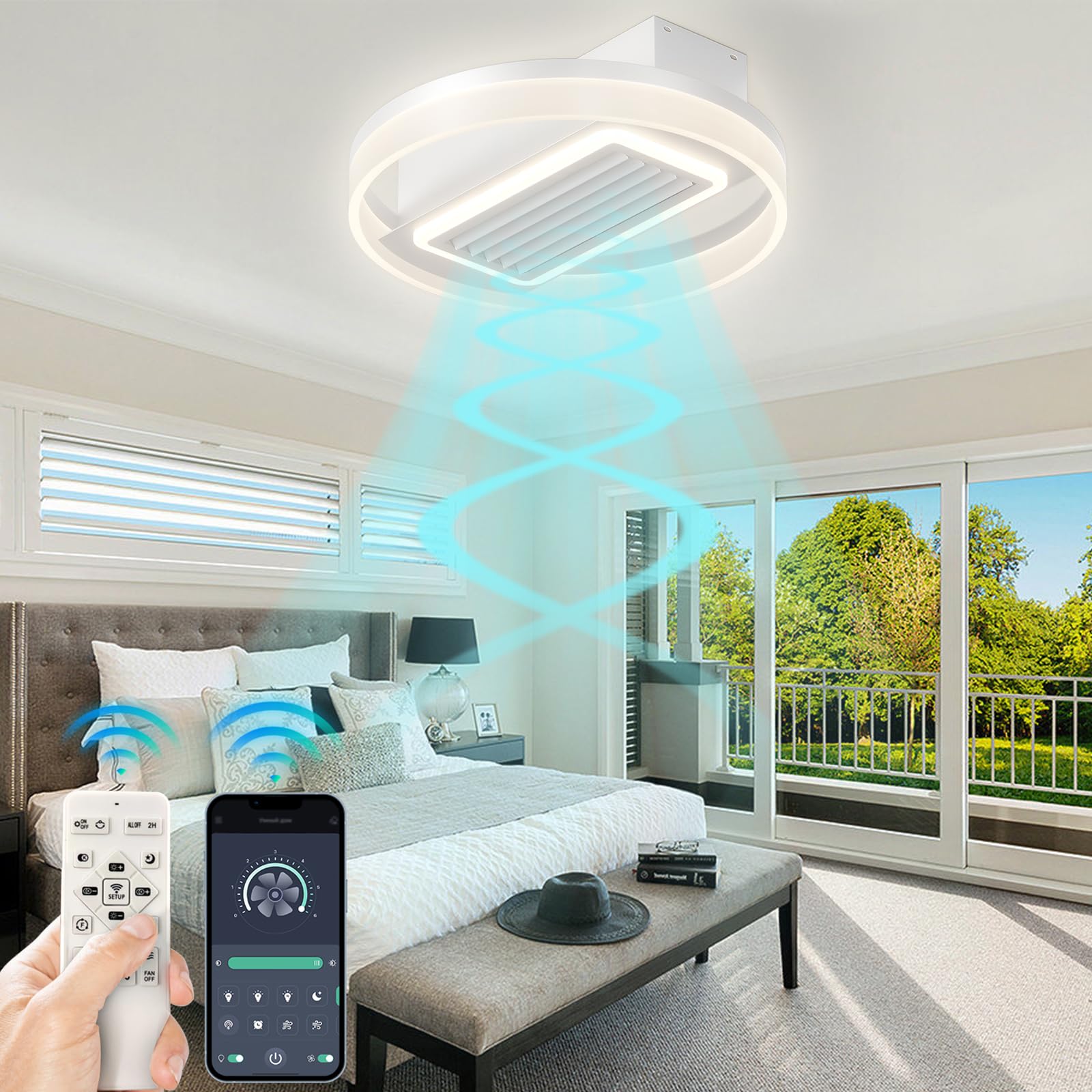 REYDELUZ 20” Acrylic Dimmable Led Fan Lamp, Ceiling Fan with Light and Remote Control, Ceiling Fan No Blade Design Removable and Washable,120° Swing Wind Ceiling Lamp for Bedroom