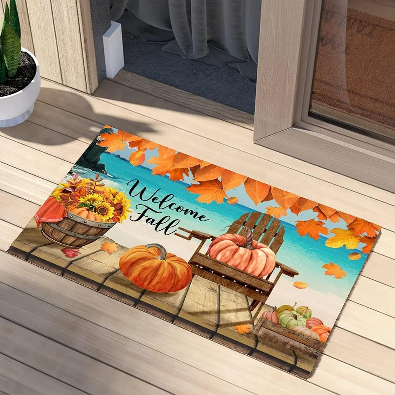 Welcome Fall Sea Beach Door Mat Recessed Area Entrances Thanksgiving Pumpkin Coconut Flannel Doormat Natural Durable Wedding Gifts 30X18 Inch — image 1