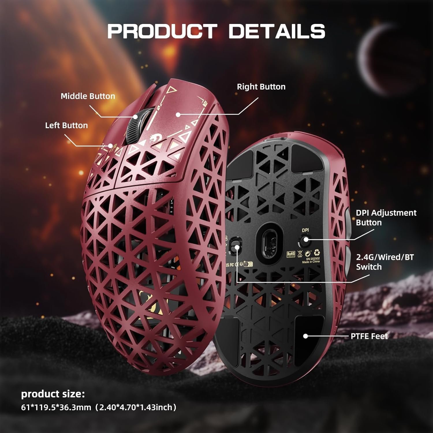 MAMBASNAKE M5 Ultra Carbon Fiber 8000Hz Wireless Gaming Mouse, 39g Superlight 42000DPI, sensore PAW3950MAX Nordic 52840, Bluetooth/2.4G/USB-C Wired Mice with Mouse Coiled Cable, for PC/Mac