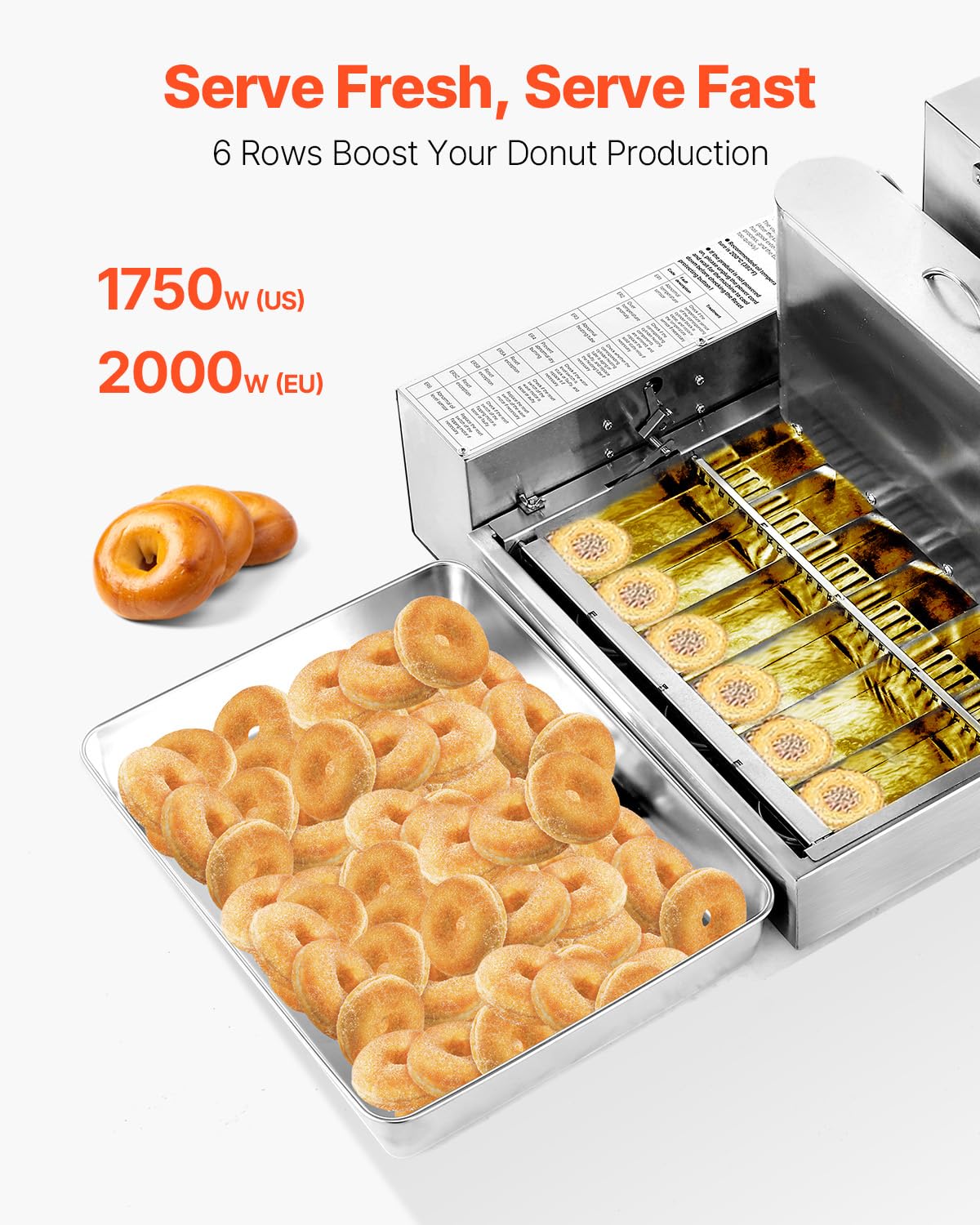 VEVOR Machine à beignets automatique commerciale, appareil à donuts électrique à 6 rangées, haute puissance, 360 pièces/heure, trémie de 4,5 L, friteuse en acier inoxydable, avec contrôle intelligent