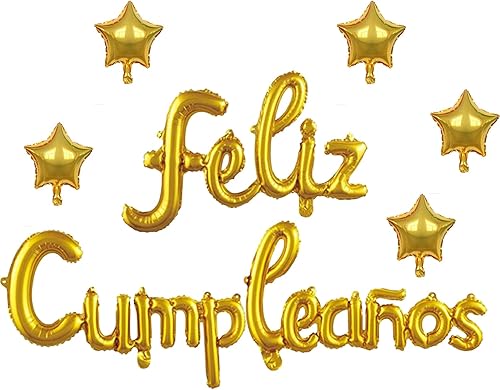 PANRRPERS Cartel de globos de Feliz Cumpleanos con 5 globos de estrella, telón de fondo temático de fiesta para niños y adultos, dorado