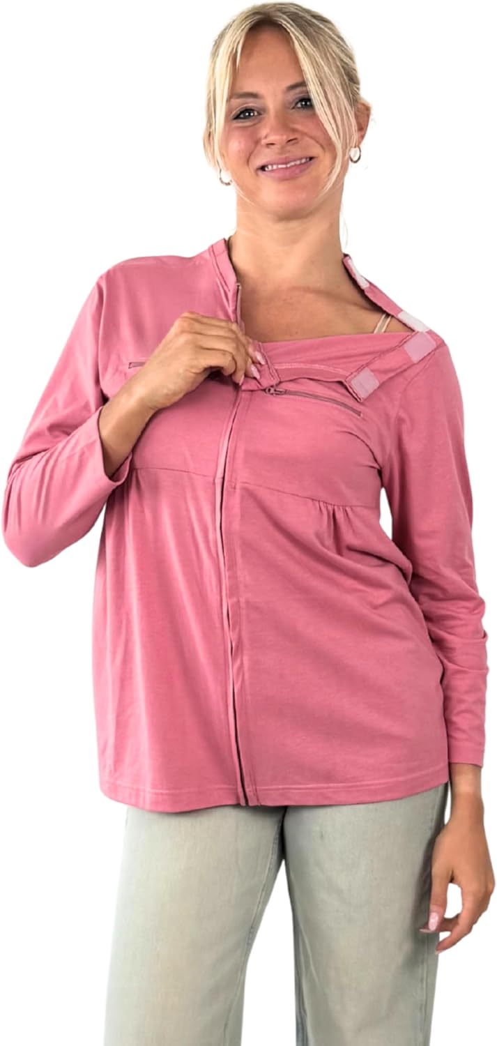 Women’s Chemo IV Port Zip Access Shirt – Front Zipper, Shoulder Fasteners, Full Sleeves