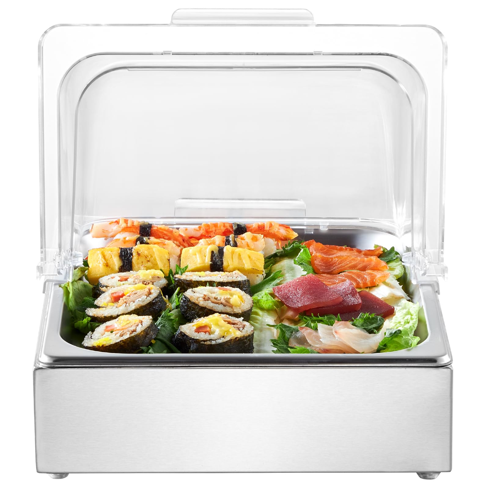 VEVOR Contenedor de Exhibición para Servir Alimentos sobre Encimera, de Acero Inoxidable, 1 x 1/2 Sartén, con Tapa Transparente y Bandeja de Hielo, para Restaurante, Fiesta, 345 x 276 x 245 mm