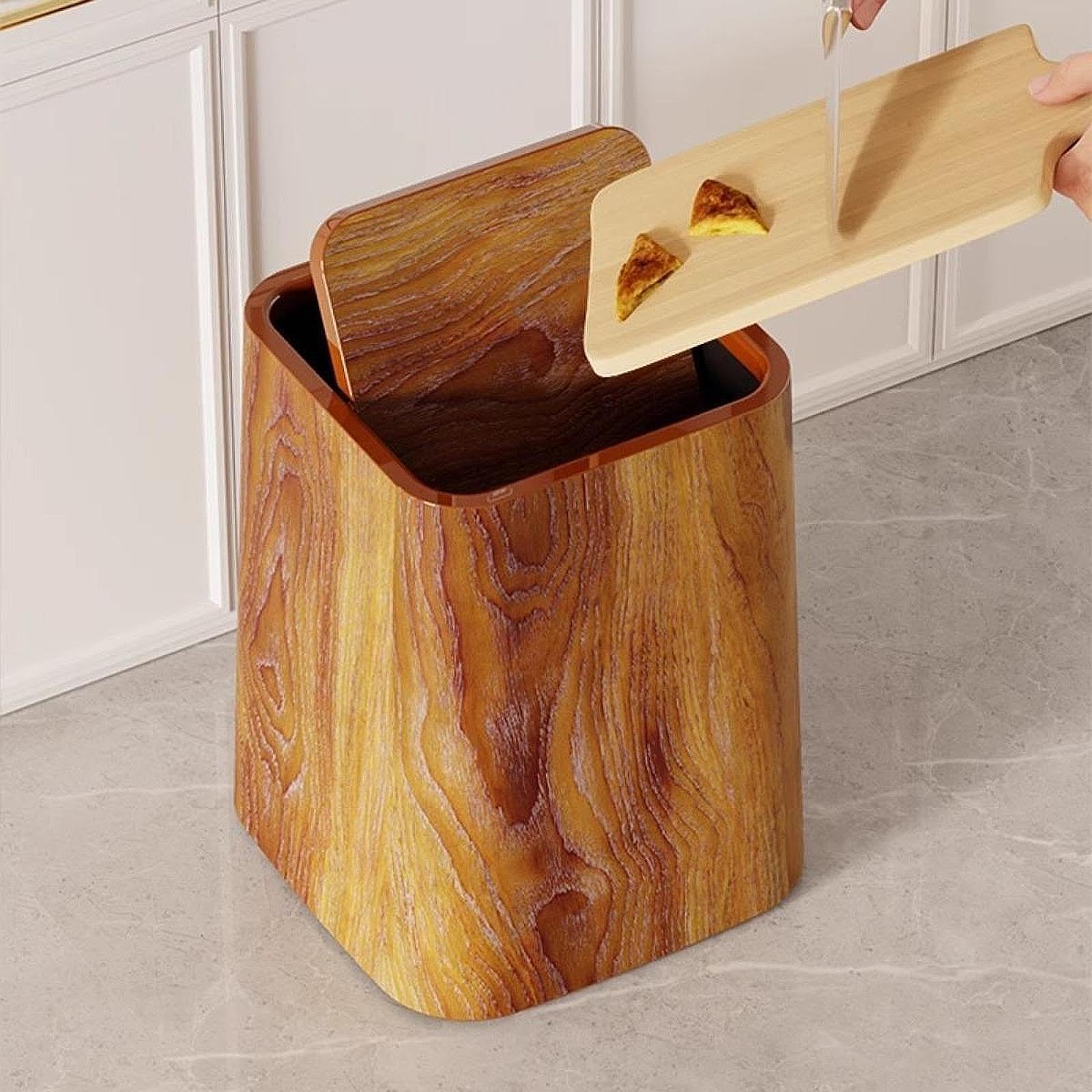 perfk Papelera Rústica, Papelera de Reciclaje, Papelera Decorativa Reutilizable de Grano de Madera, Papelera para Oficina, Granja, Dormitorio, Hogar, L with Cover