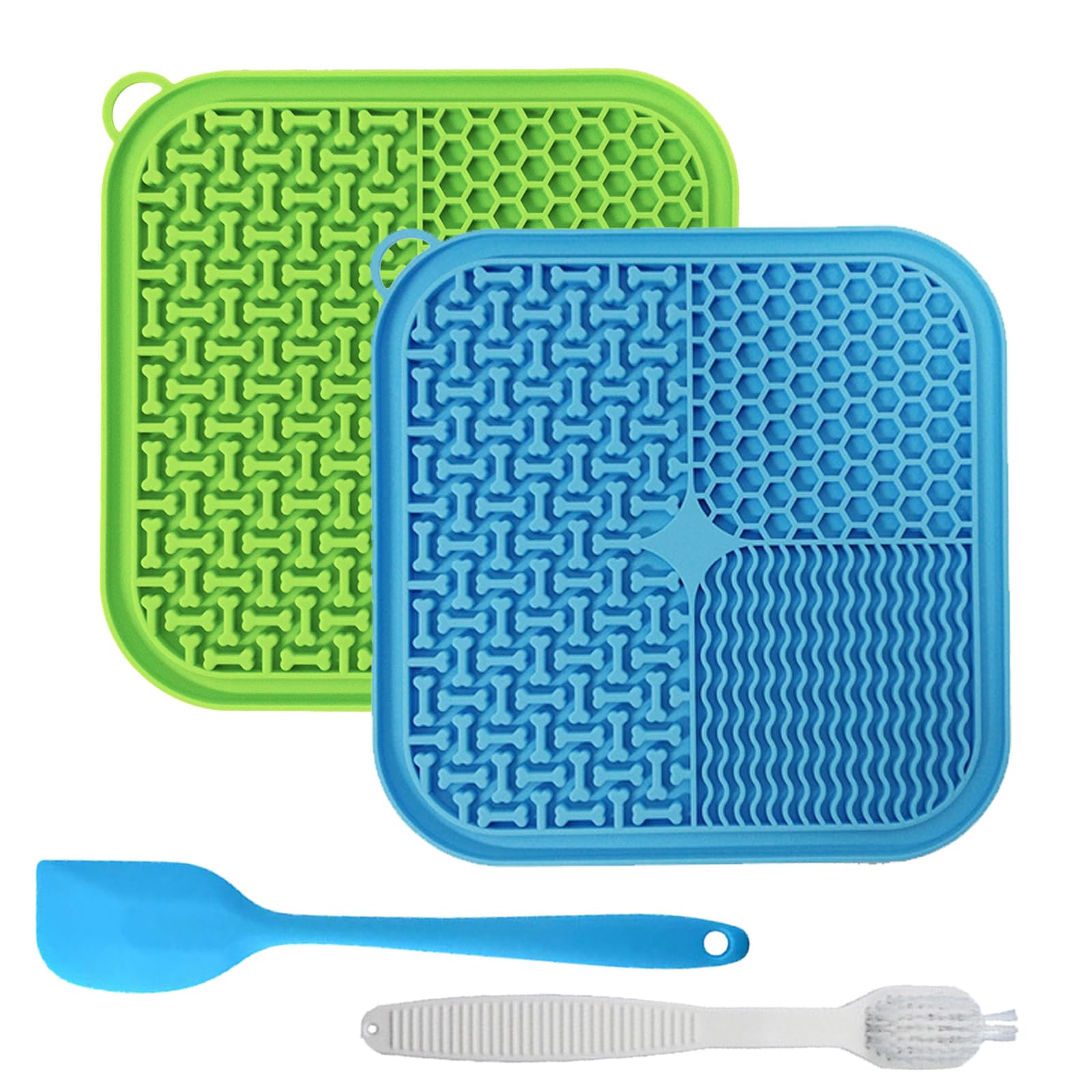 2 Pcs Licky Mats for Dog Cat, Slow Feeding Lick Mats with Suction Cups, 100% Food Grade BPA Free, Feeding & Licking Lick Mat Bathing and Training, Anxiety Relief Dog, Spatula & Brush (Blue & Green)