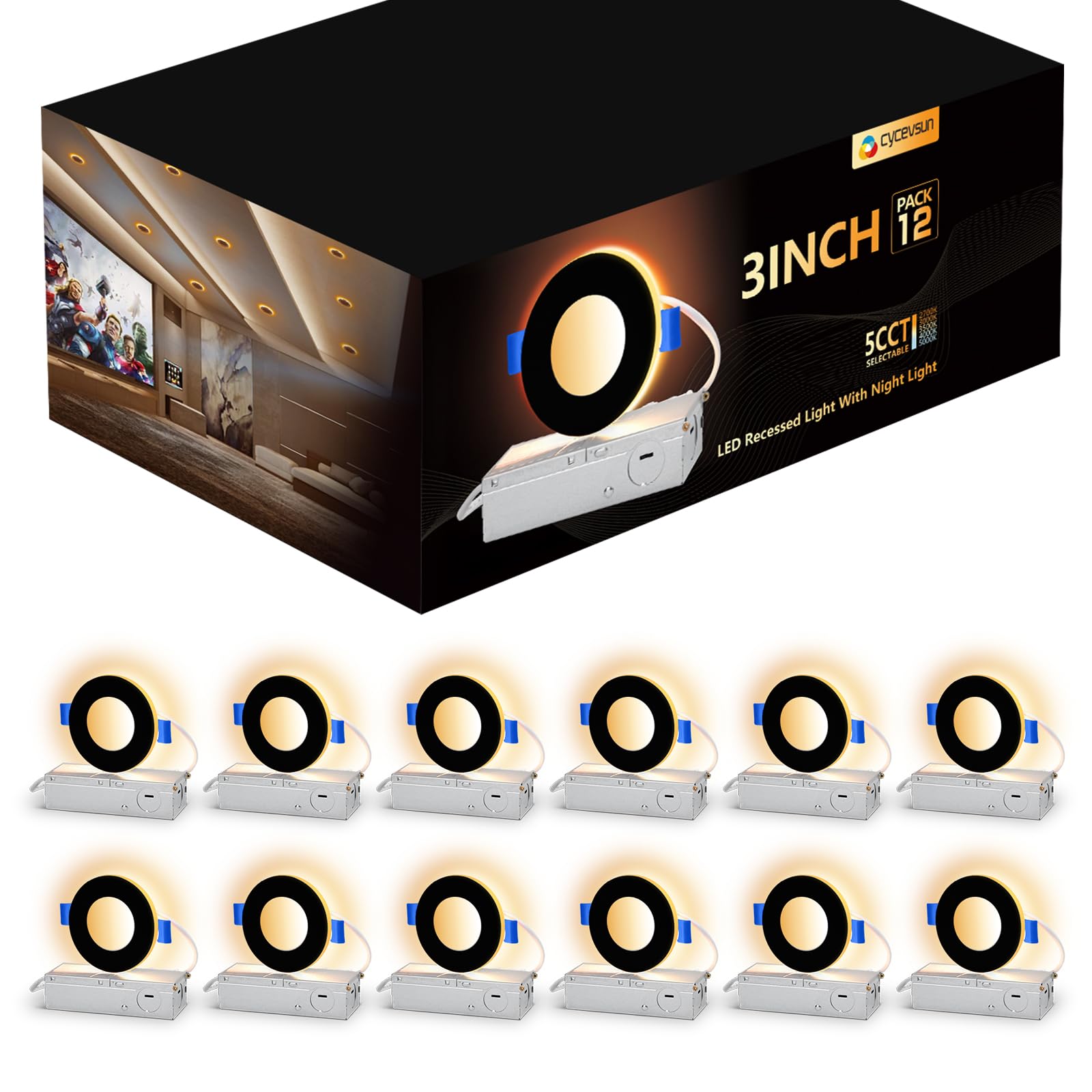 CycevSun 3 Inch Black Recessed Lights with Night Light