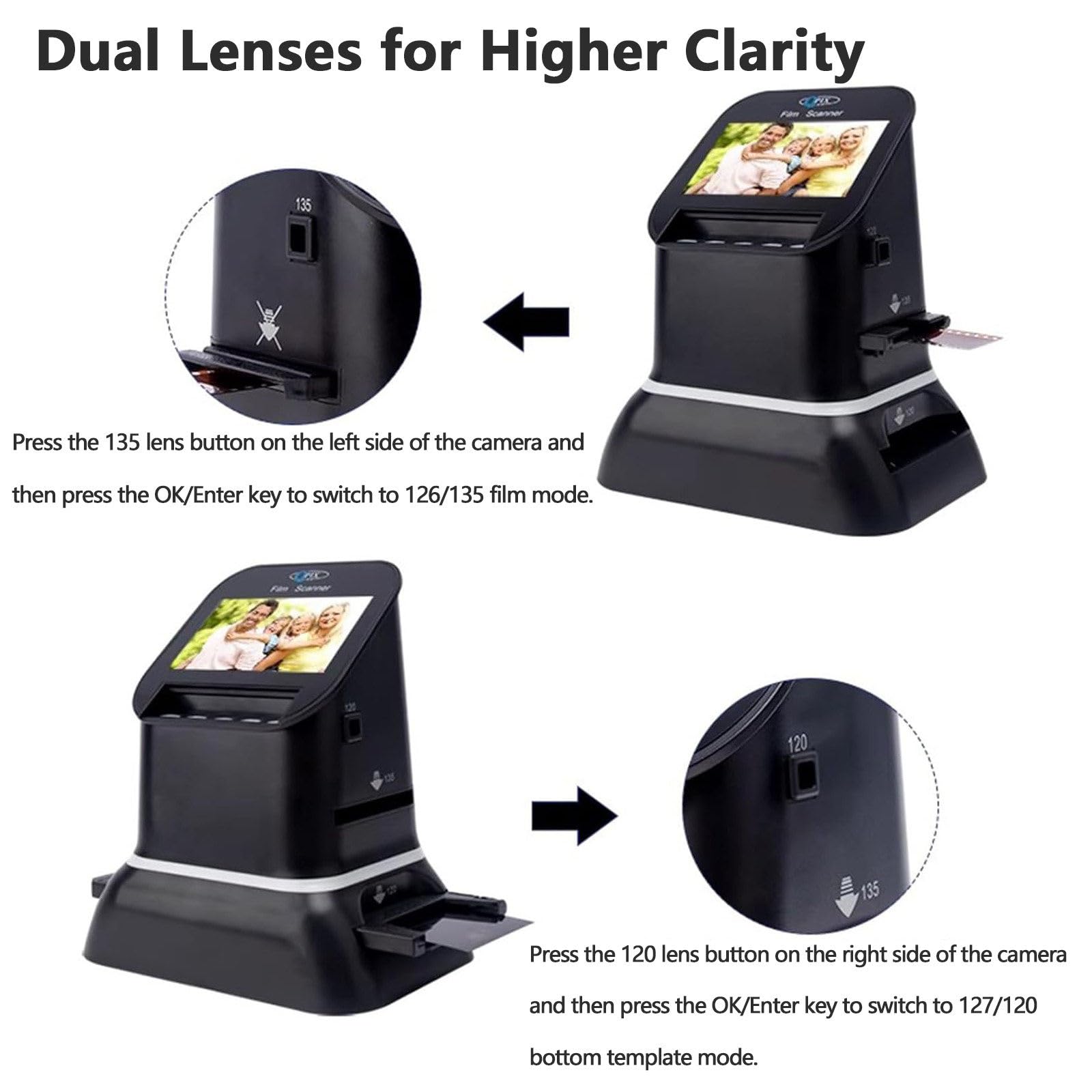 Scanner de diapositives pour 35 mm, 135, 126, 127 négatifs et diapositives vers JPEG numérique, résolution 22 MP, écran LCD 4,3" avec aperçu et édition d'image