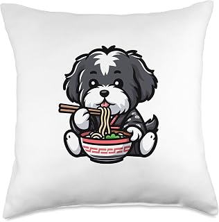 Cute Lhasa Apso Gifts Lhasa Apso Ramen Funny Dog Japanese Food Throw Pillow, 18x18, Multicolor