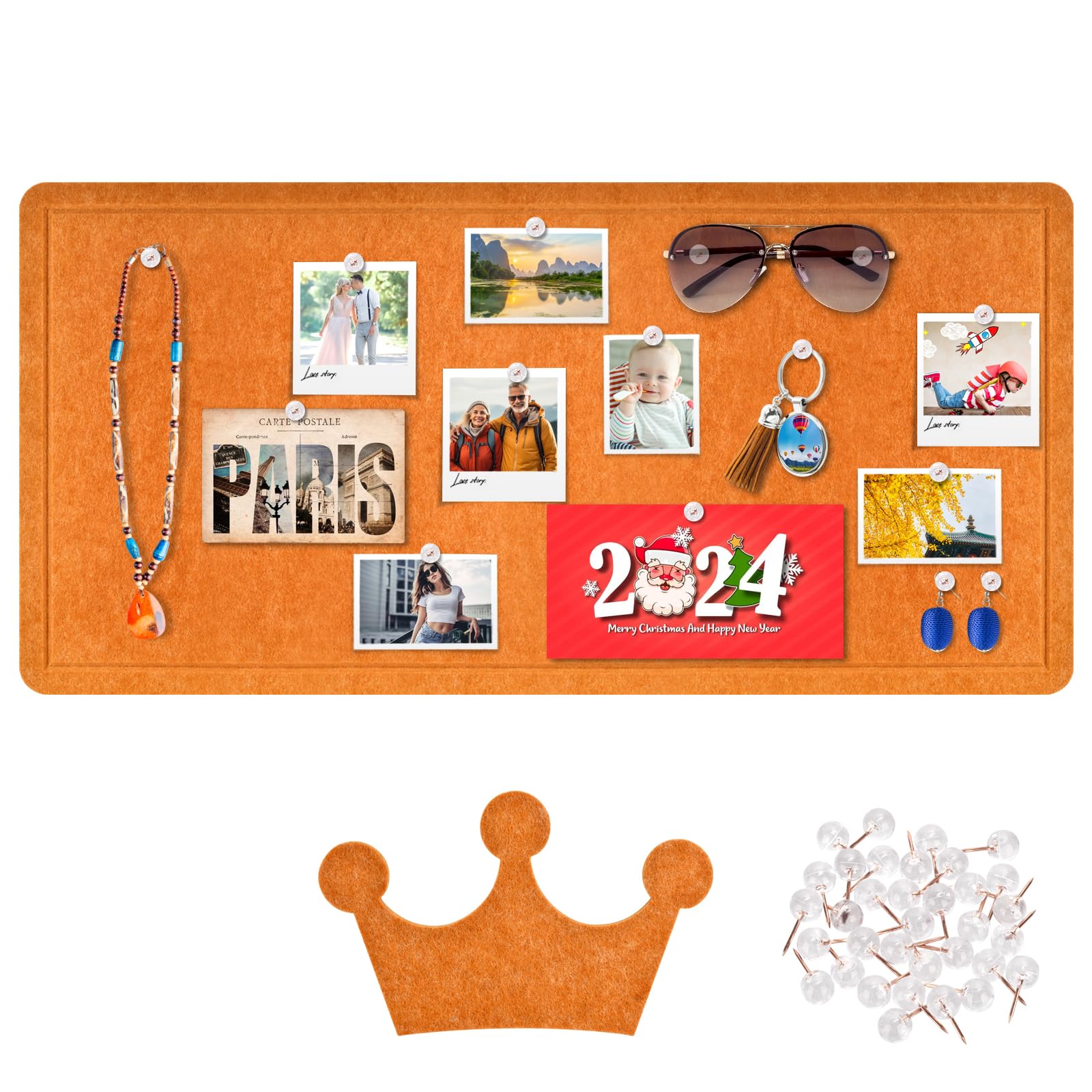 Large Felt Bulletin Board 36'' x 18''-Foldable Cork Board Alternative, Decorative Picture Framed Display Board with 35 Rose Pins for School, Home, Kitchen & Office Walls