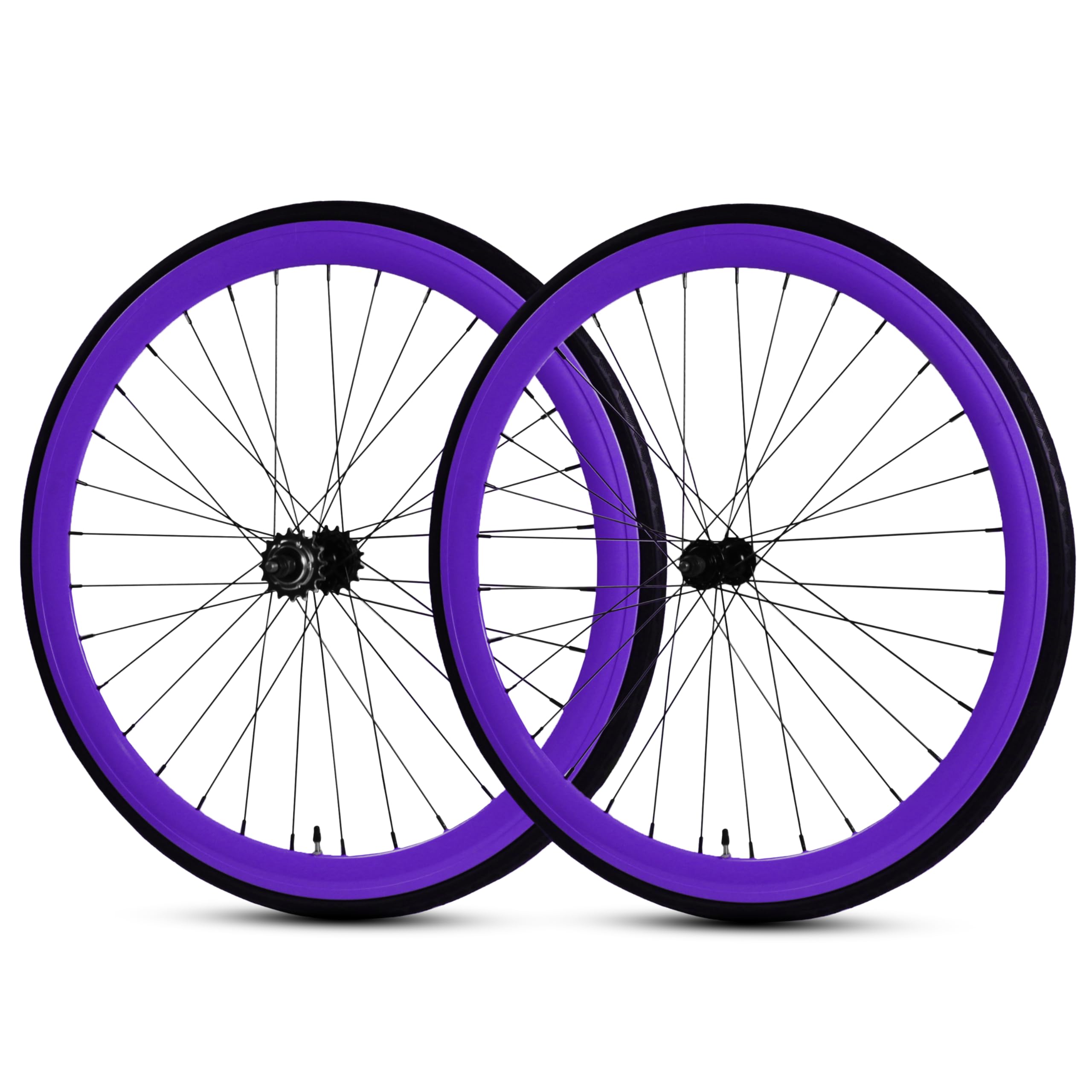 Golden Cycles Fixie Wheelset. A Variety of Fixie Wheel Set Colors. Fixed Gear Rims Come with a Flip-Flop Rear Wheel. The Rims are 45mm Wheels with 700x25c Tires (Purple)