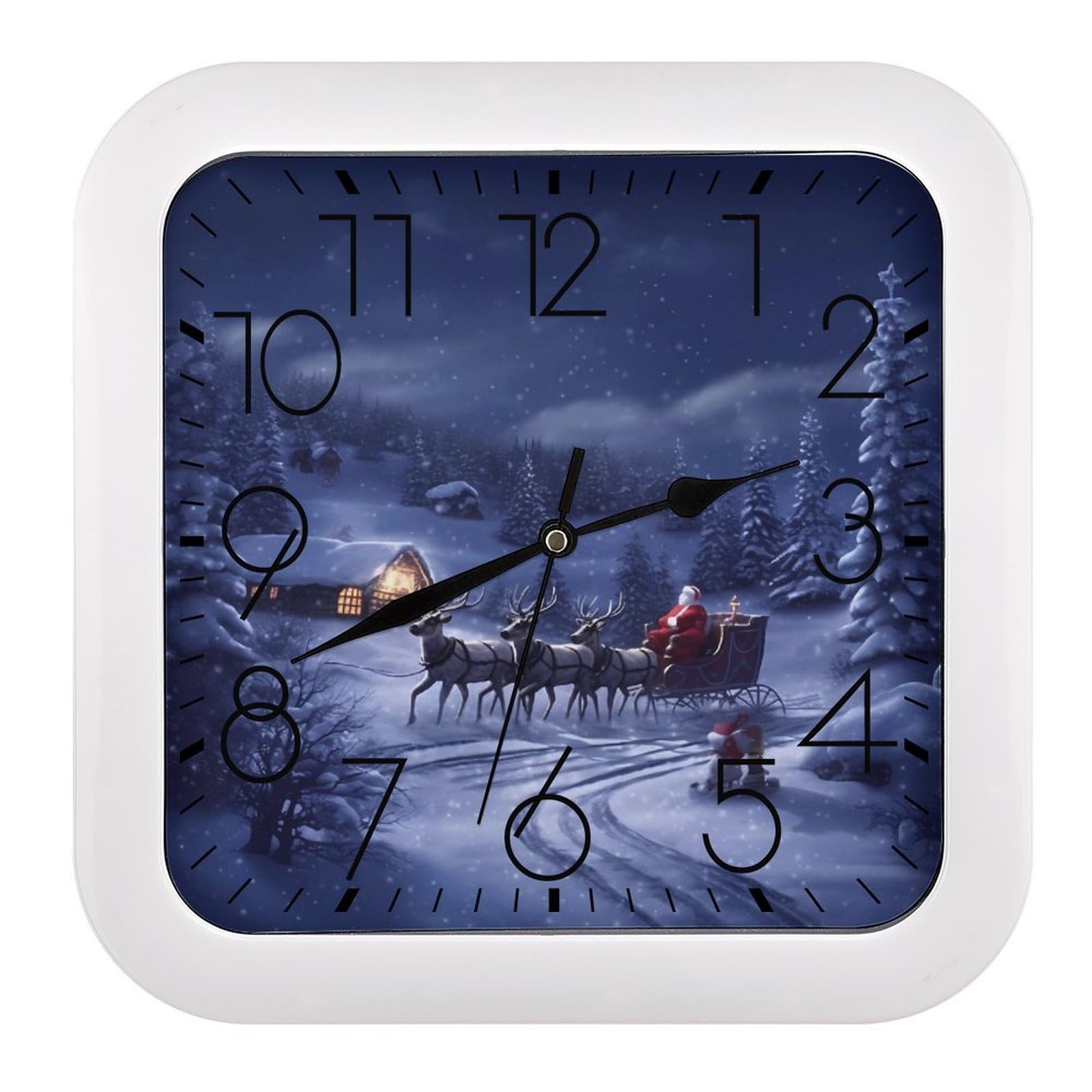 NTVOWPZO 10 Inch Wall Clock Snow Night Santa and Deer Battery Operated Wall Clocks Silent Non-Ticking Square Wall Clock for Living Room Kitchen Home Office Wall Decorative Clocks