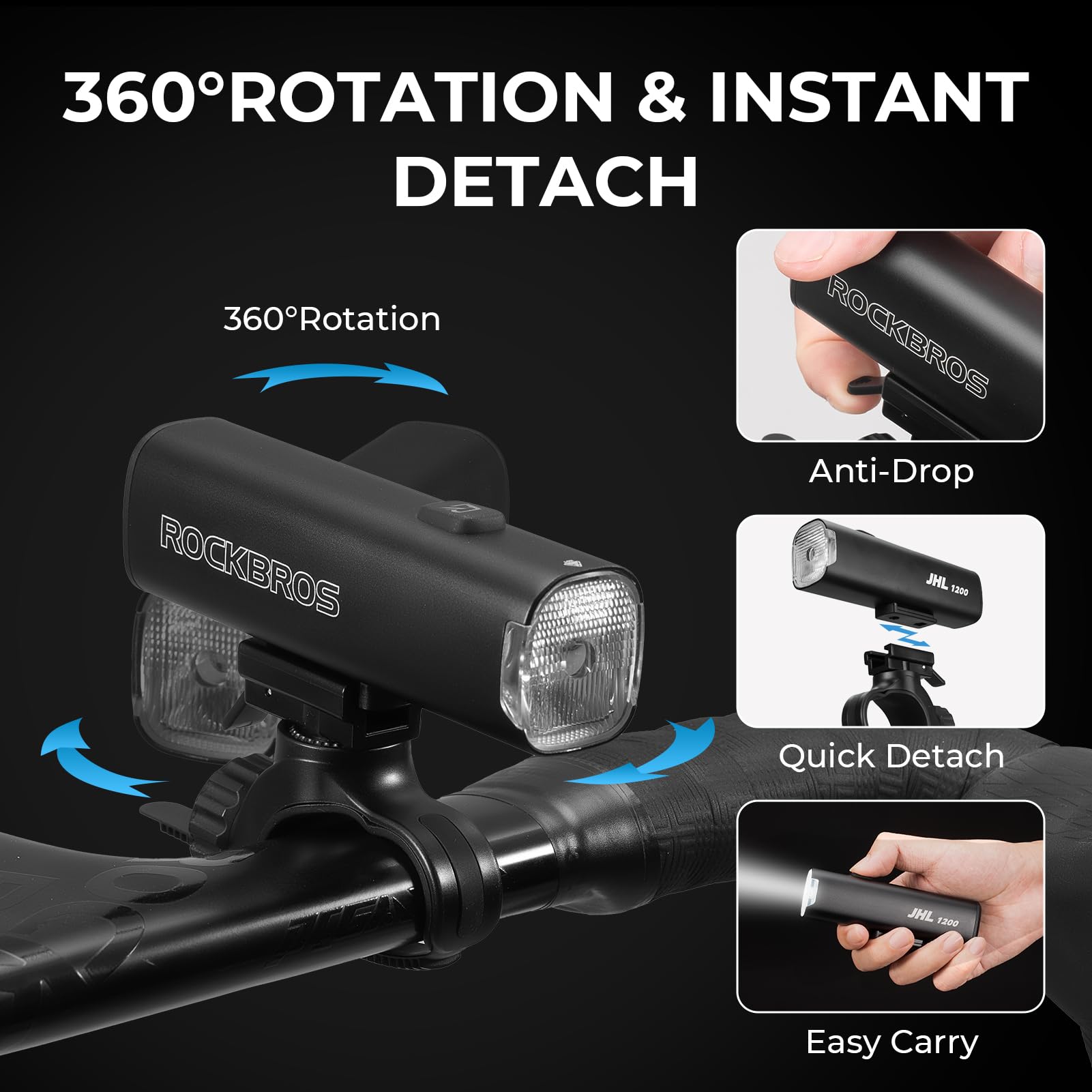 ROCKBROS Phare avant de vélo 1200 lumens 5000 mAh USB-C rechargeable en alliage d'aluminium IPX6 anti-éblouissement LED lumière de vélo réglable à 360° pour vélo de nuit montagne route cyclisme