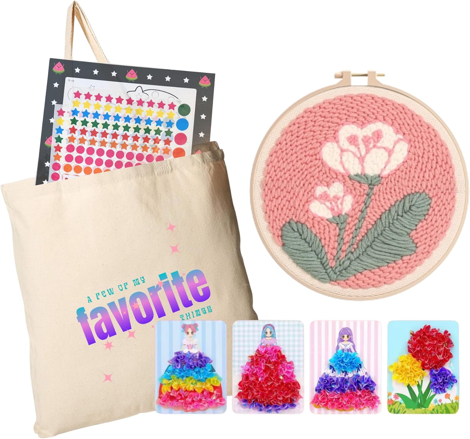 UP ARROW Poke in Art Kit for Girls with Princess Dress Up Boards Dot Art Punch Needle Activities Craft Kit for Girls Age 4-8 Progressive Level Gift Set in Favorite Things Tote Bag (Flower)