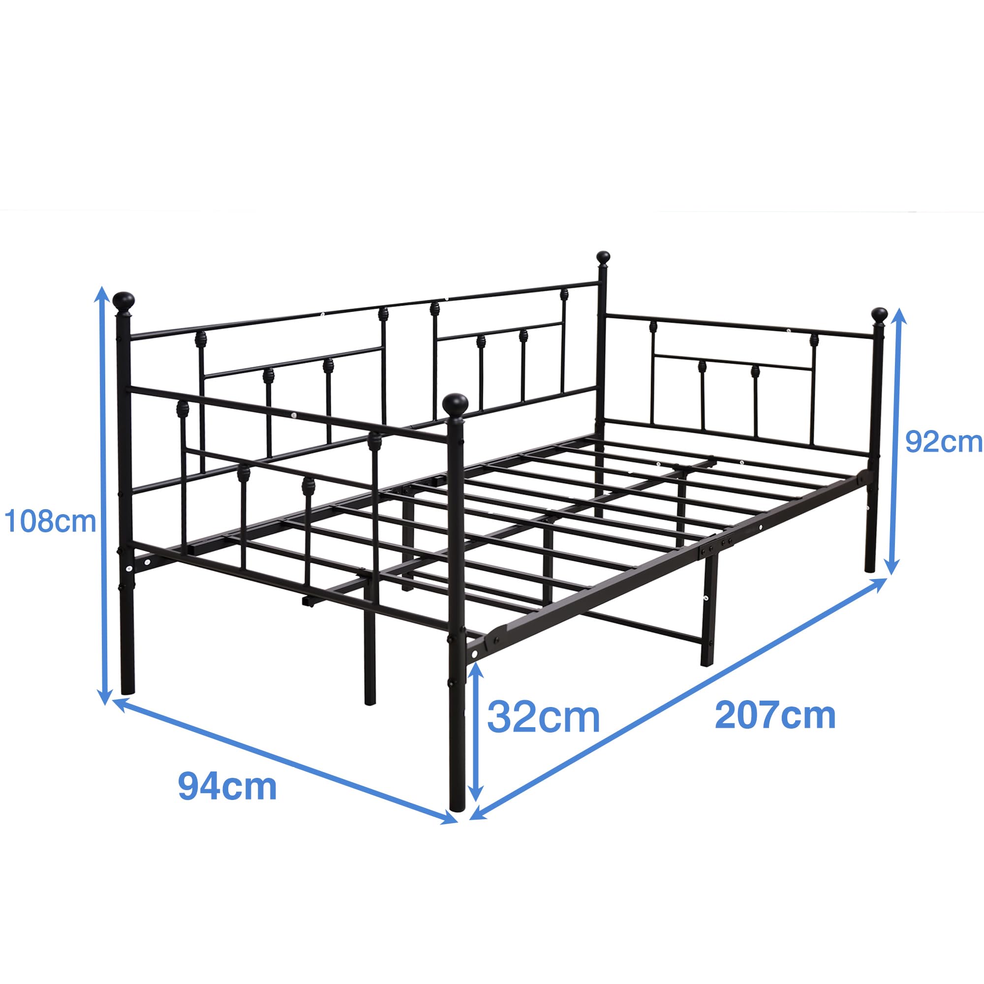 Tagesbett Bettgestell 90x200 cm Bett, Einzelbett Schlafsofa mit Lattenrost für Gästezimmer Jugendbett, Metallbett Tagesbett Bettrahmen für Schlafzimmer Wohnzimmer, Schwarz