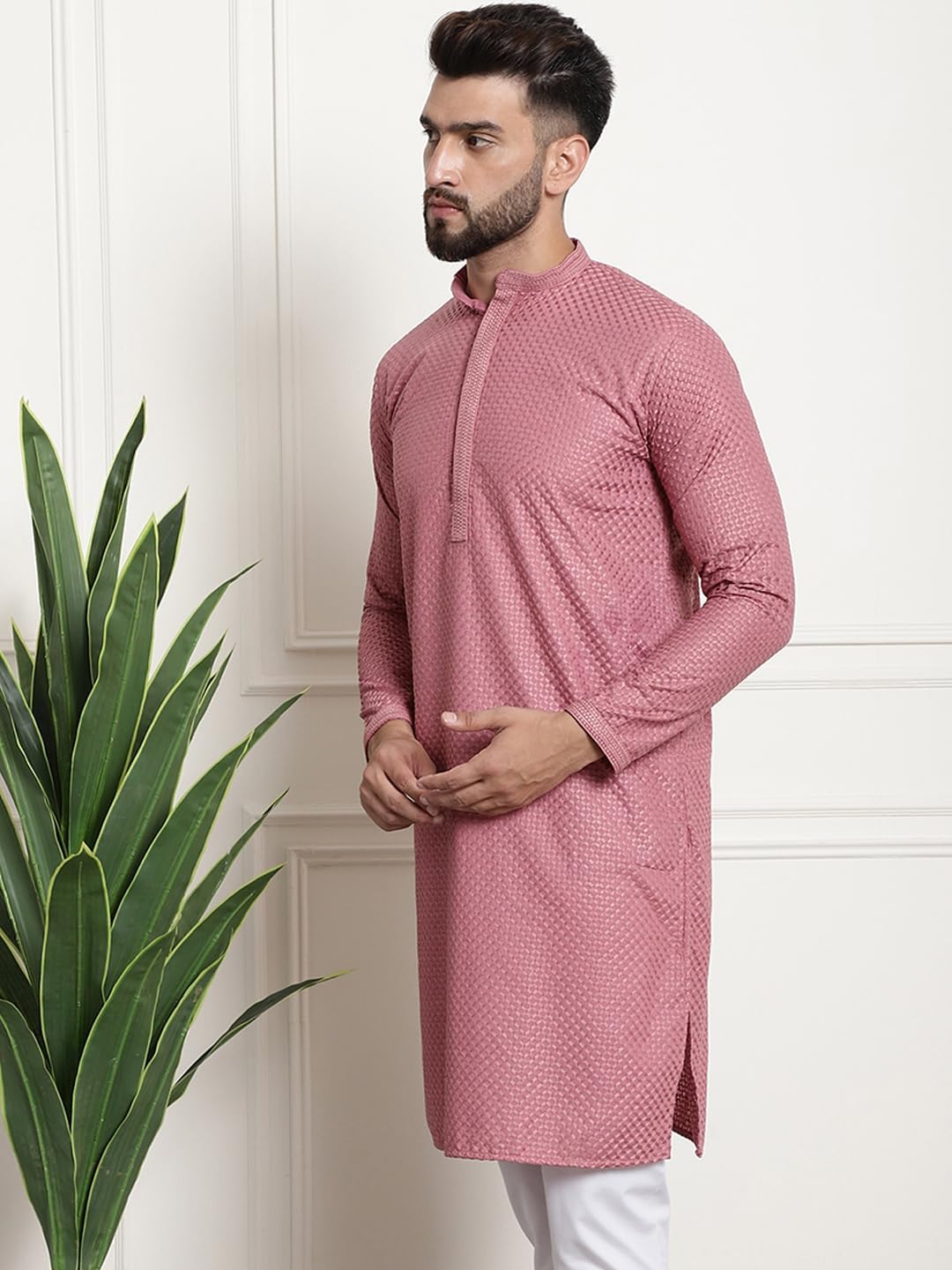Sojanya (Since 1958 Mens Pure Cotton Checked Embroidered Coral Color Only Long Kurta