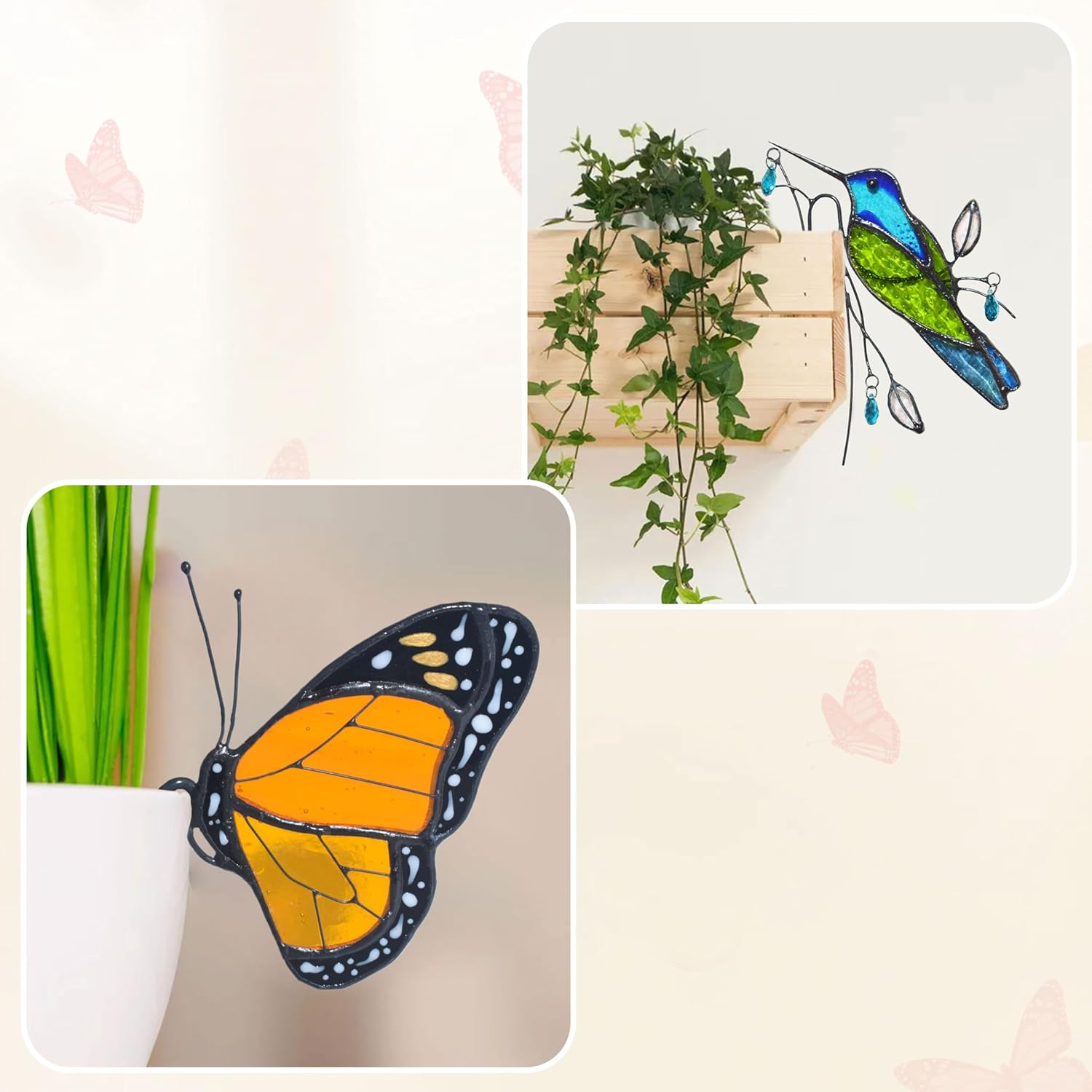 Lolitarcrafts Orange Butterfly Monarch and Hummingbirds Suncatcher for Pot Plant Decoration