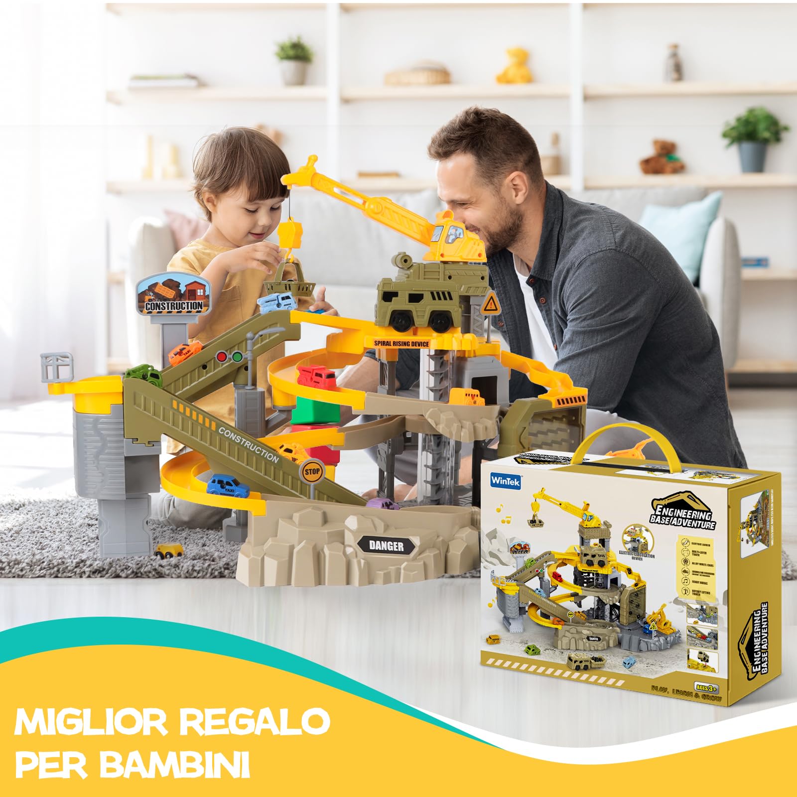 Charmofun Pista Macchinine Bambini, Costruzioni Giocattolo con 10 Auto Gru Camion Trasportatore, Macchine Pista Giocattoli Trattore Costruzione Set per Bambino 4 5 6 7 8 Anni