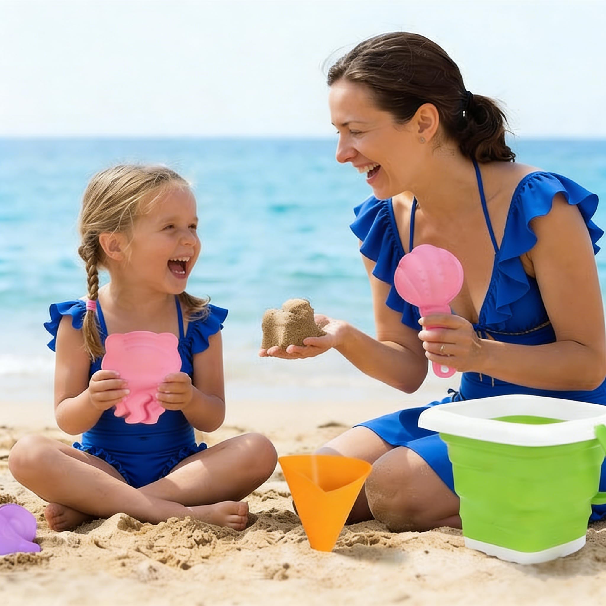 Juego de juguetes de arena 19 piezas, juguetes para la playa para niños - cubo plegable con pala de arena | Juguete de caja de arena con bolsa de malla para playa, viaje,regalo a partir de 3 (azul) — view 7